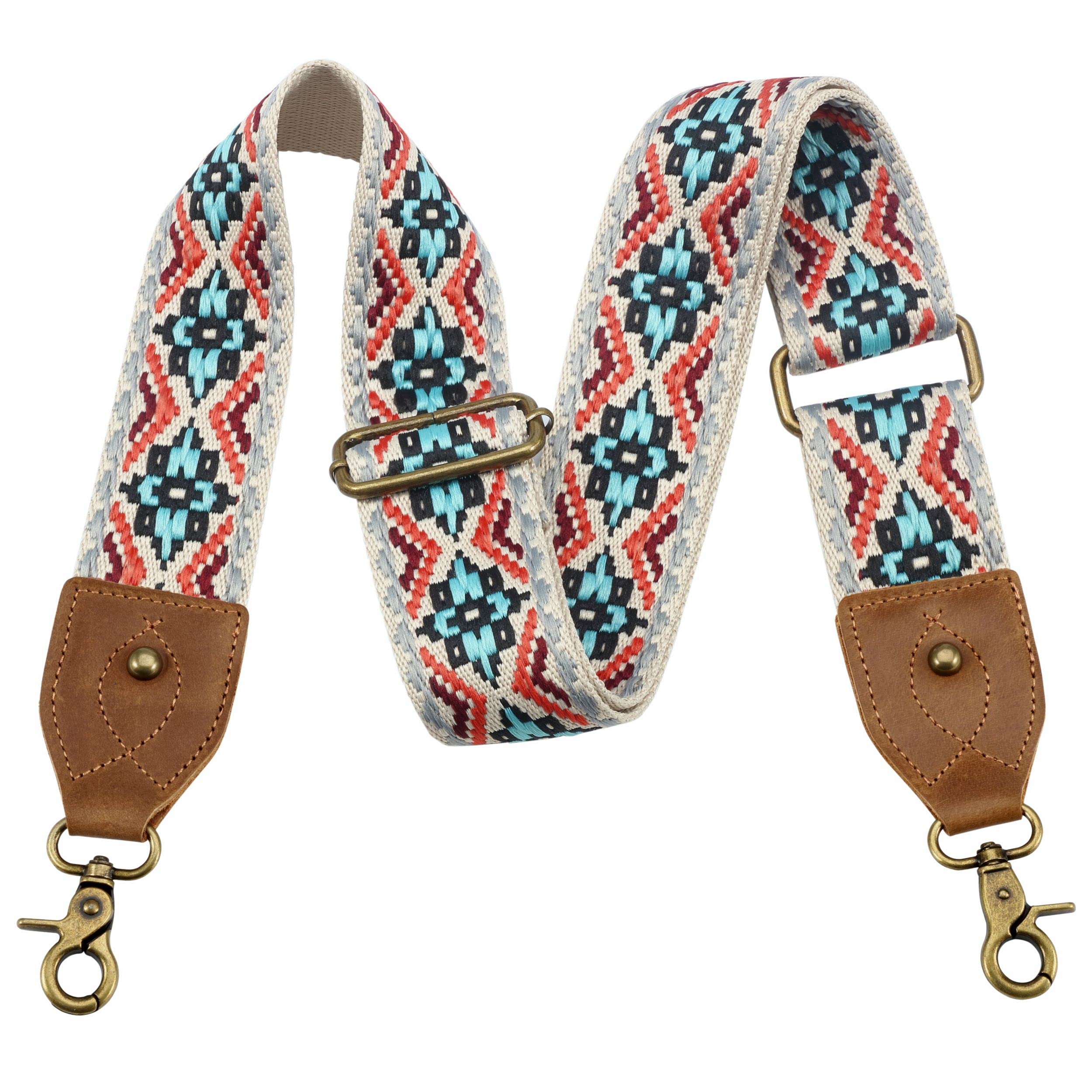 Nefelibata Purse Strap-2"Crazy Horse Leather Bag Strap Adjustable Replacement,Retro Jacquard Embroidery Crossbody Straps