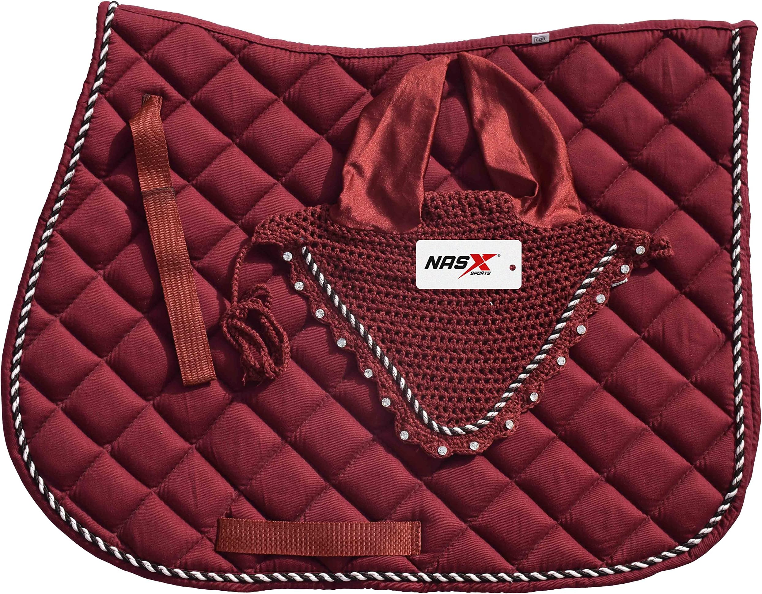 Saddle Pads with Matching Diamante Set Fly Veil Bonnet Ear bonnet Padded Numnah (COB, Burgundy)