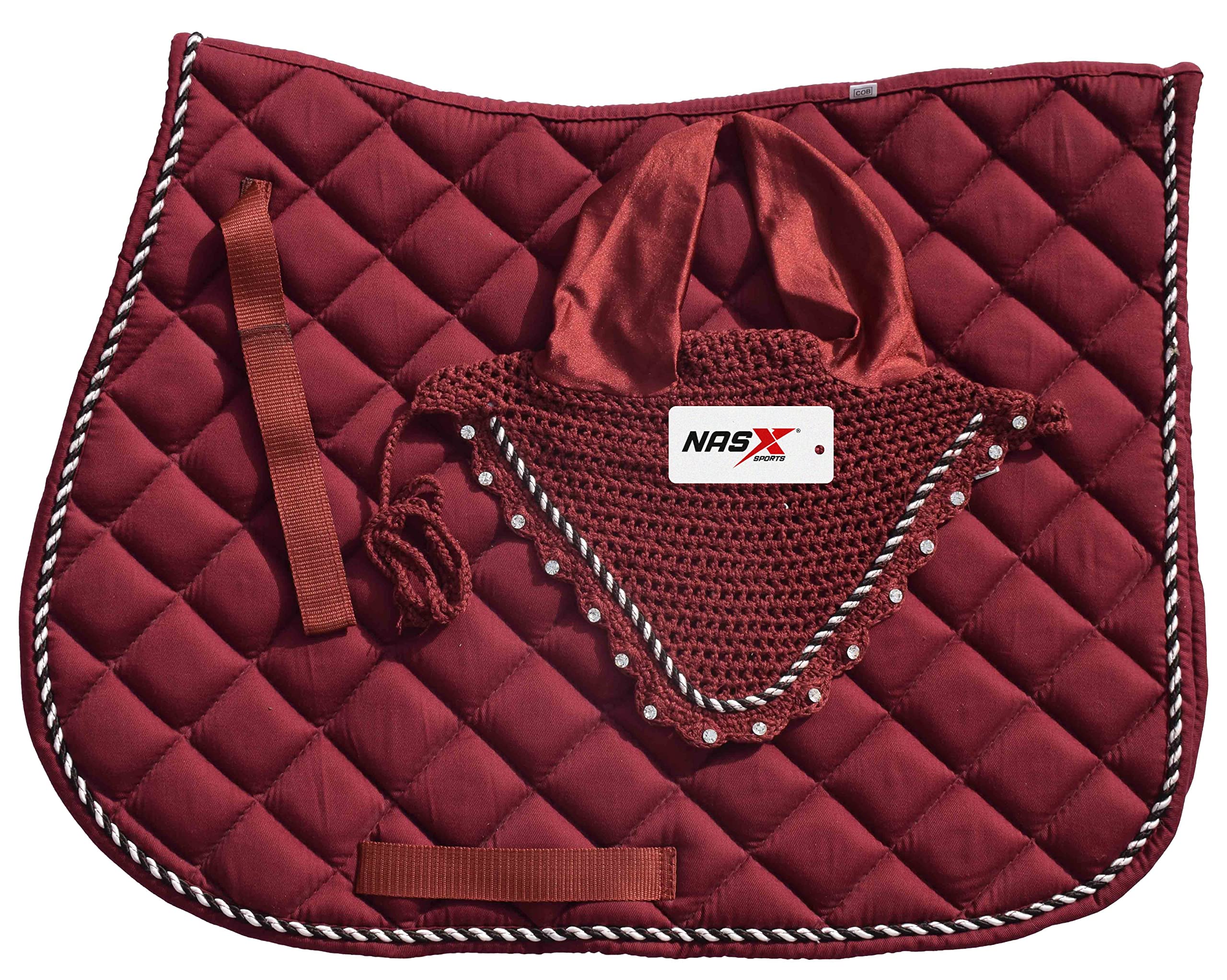 Saddle Pads with Matching Diamante Set Fly Veil Bonnet Ear bonnet Padded Numnah (FULL, Burgundy) — image 1