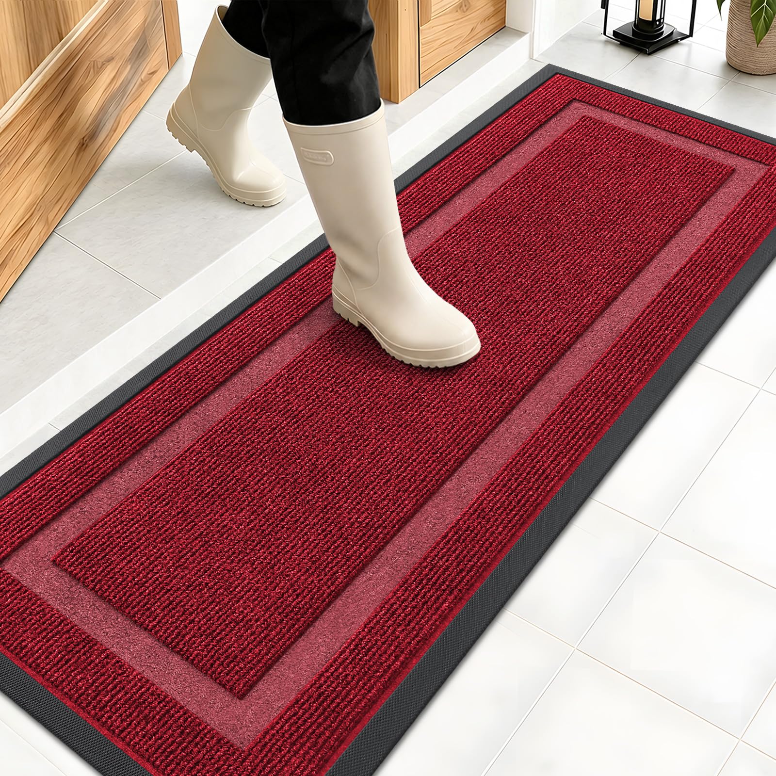 OLANLY Front Door Mat Outside 47x17, All-Season Heavy-Duty Rubber Doormat | Wine Red, Absorbent, Stain and Fade Resistant, Waterproof Non-Slip Backing, Low-Profile Indoor Outdoor Floor Mat for Entryway