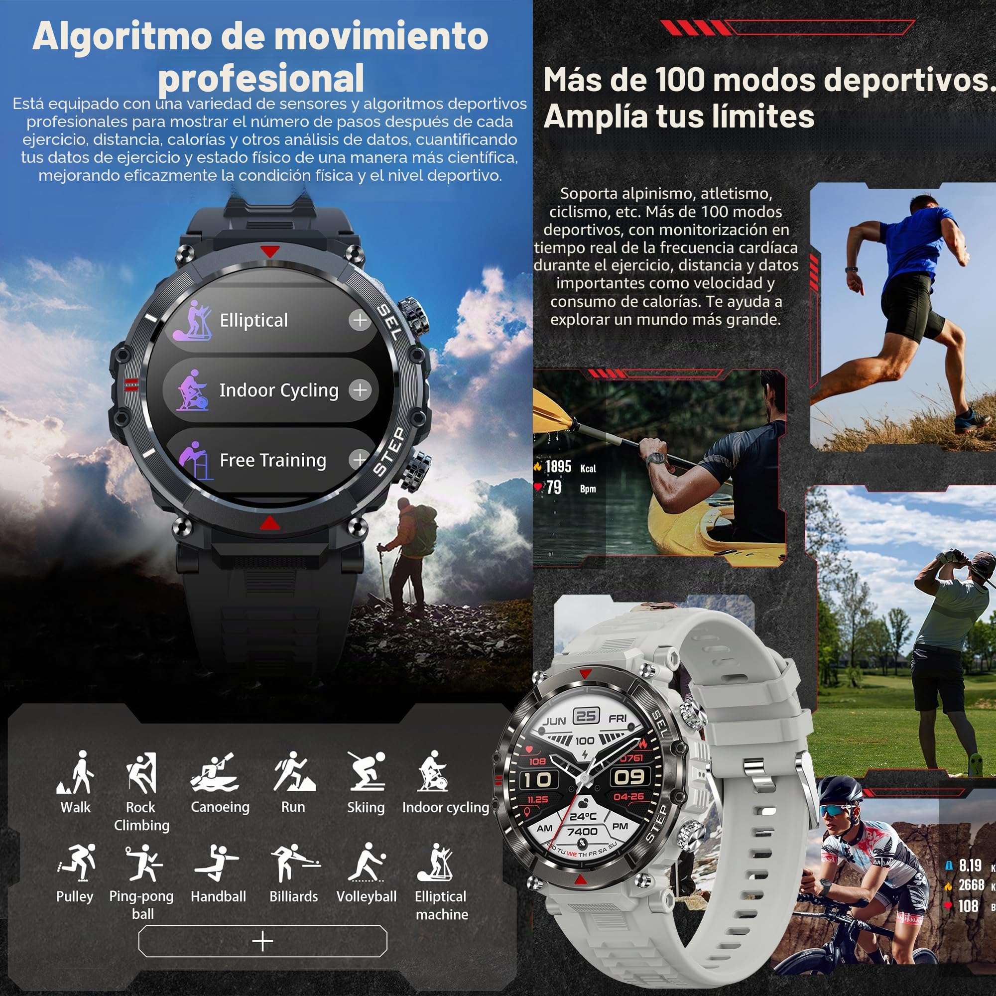 1,39" AMOLED Reloj Inteligente Hombre con Llamada y Whatsapp, 5ATM Impermeable Reloj Smartwatch 123 Deportivo Hombre con Monitor Sueño, Oxígeno Sanguíneo, Podómetro, Pulsómetro Android iOS (Gris)
