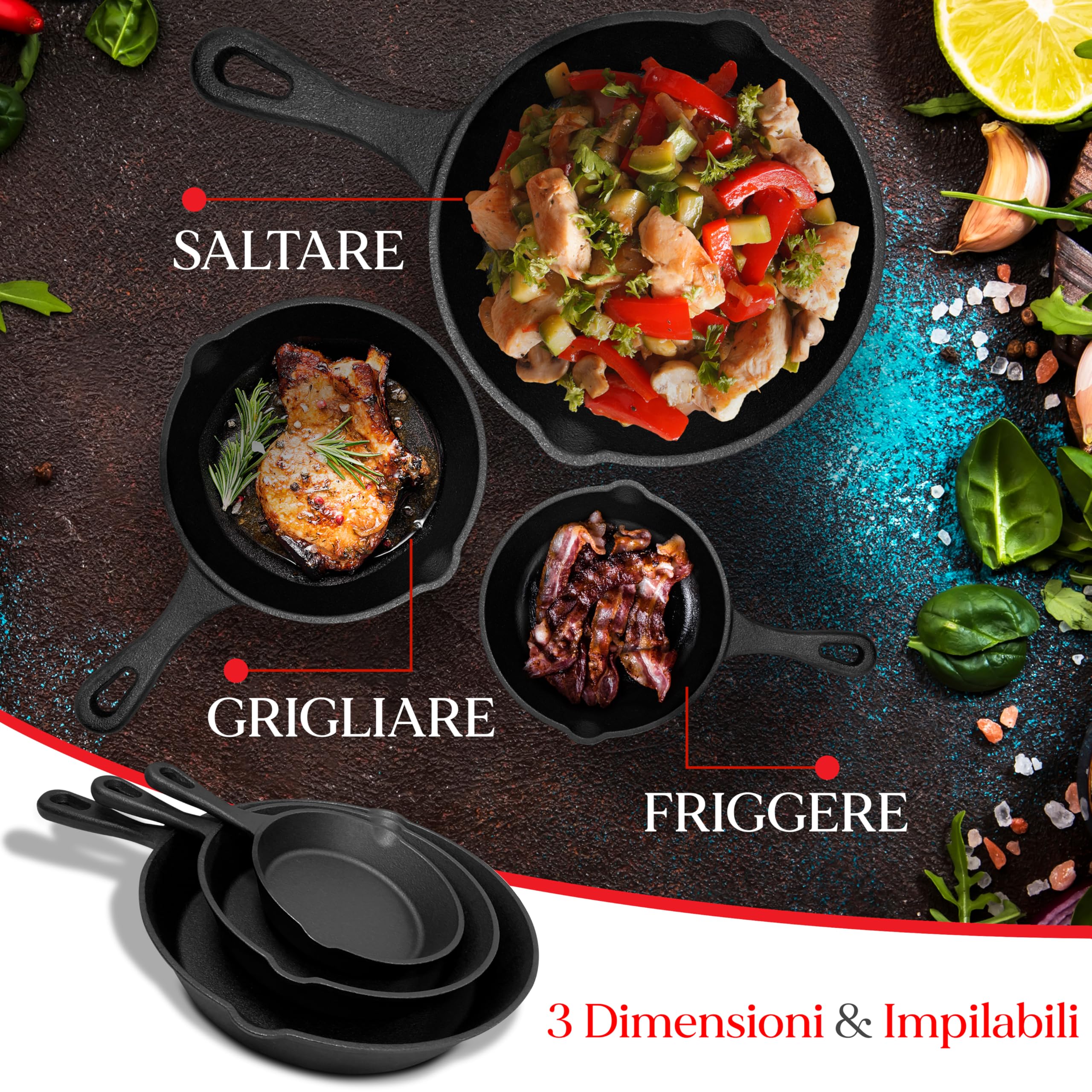 NutriChef Padella Ghisa Pretrattata, Set 3 Pezzi con Padella Antiaderente, Beccuccio Laterale e Raschietto, Compatibile con Gas, Induzione ed Elettrico, per Carne, Uova e Verdura