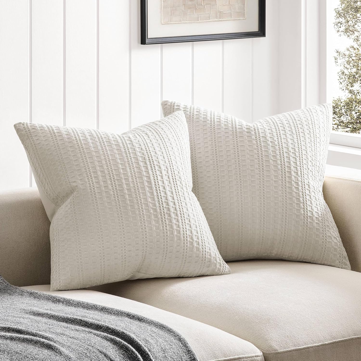 ZeeMart 100% Cotton Waffle Textured Throw Pillow Covers Set of 2, 22x22 Inch Khaki Green, Soft Farmhouse Decorative Couch Pillow Cases Green Cushion Covers for Sofa Bed Living Room Home Decor