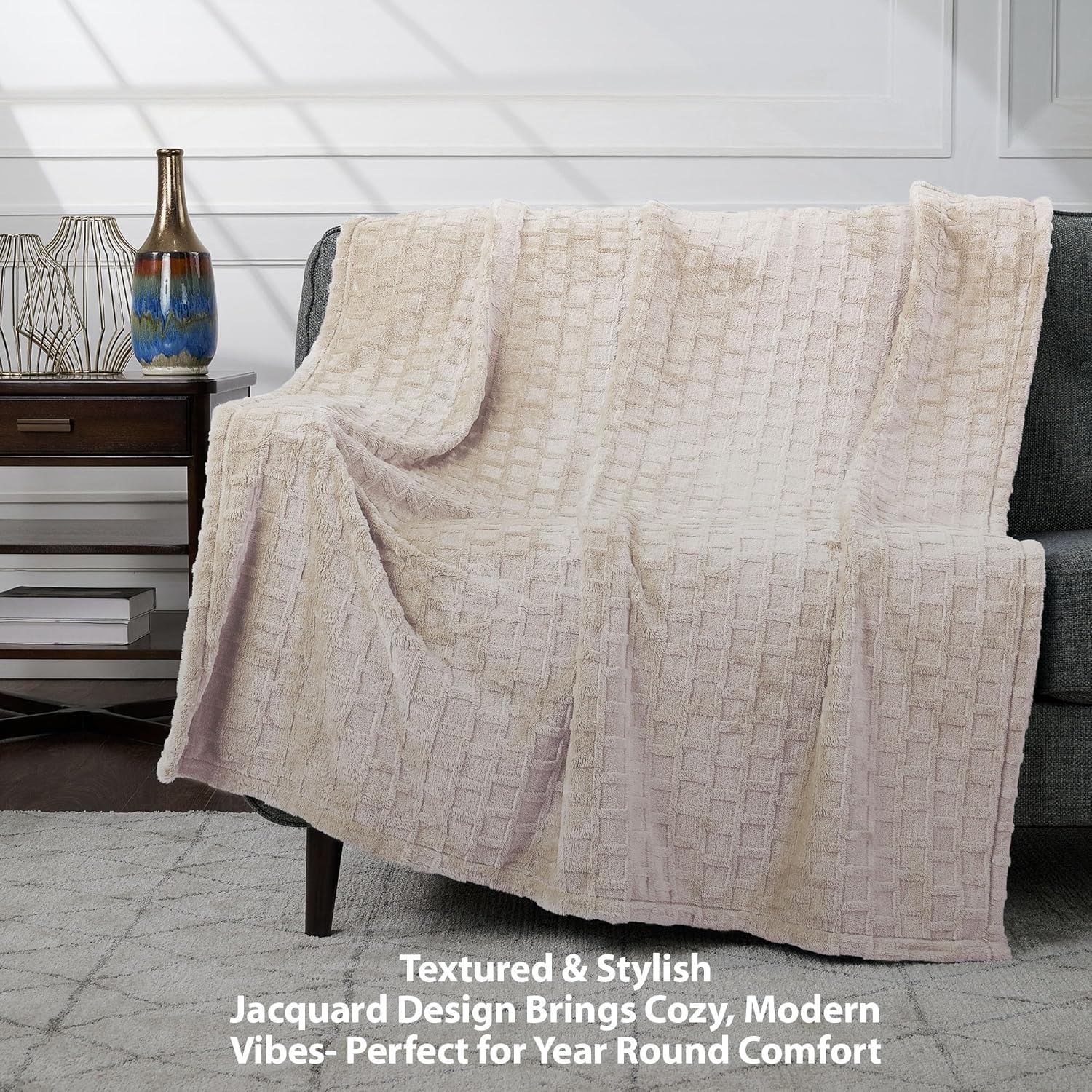Velvet Plush Jacquard Tile Throw Blanket for Couch - Buttery Soft, Cozy Throw, for Women (Sand, 50" x 60")