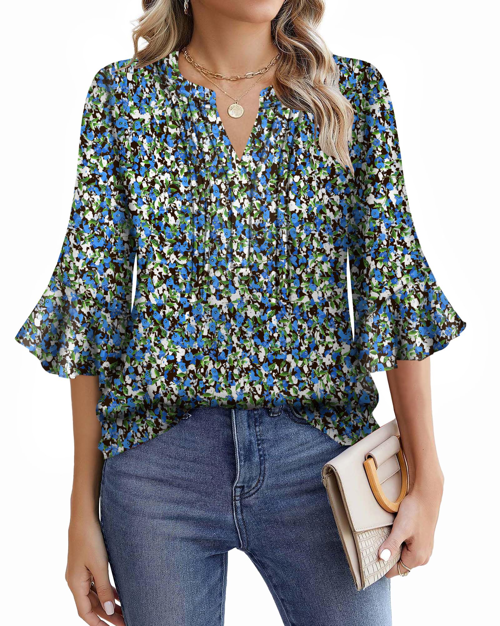 Lylinan Tops for Women V Neck Blouses 3/4 Ruffle Sleeve Casual Work Style Floral Print Designs S-XXL