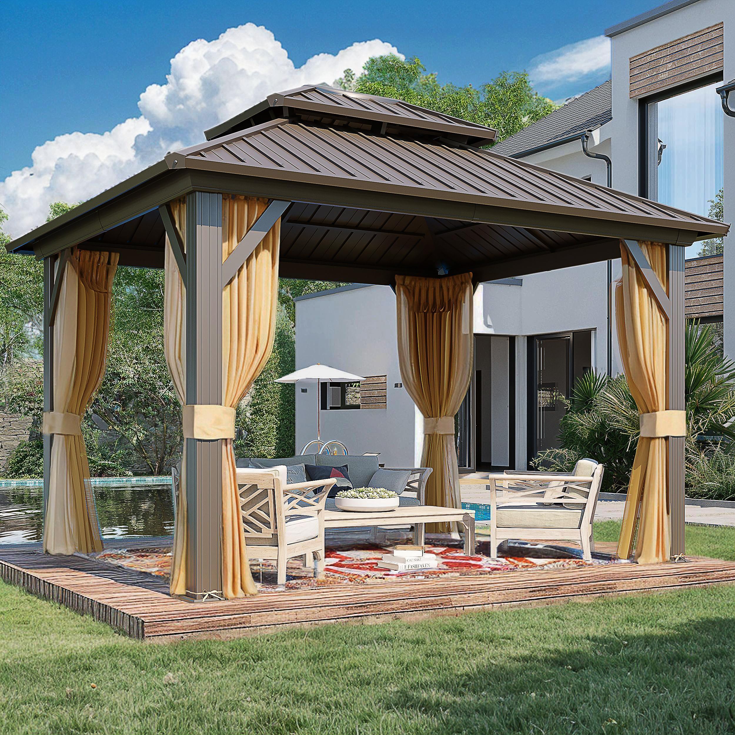 MELLCOM 10'x12' Hardtop Gazebo, Metal Double Roof Aluminum Gazebos with Curtain and Netting,Brown Permanent Galvanized Steel Pavilion for Patio, Lawn & Deck