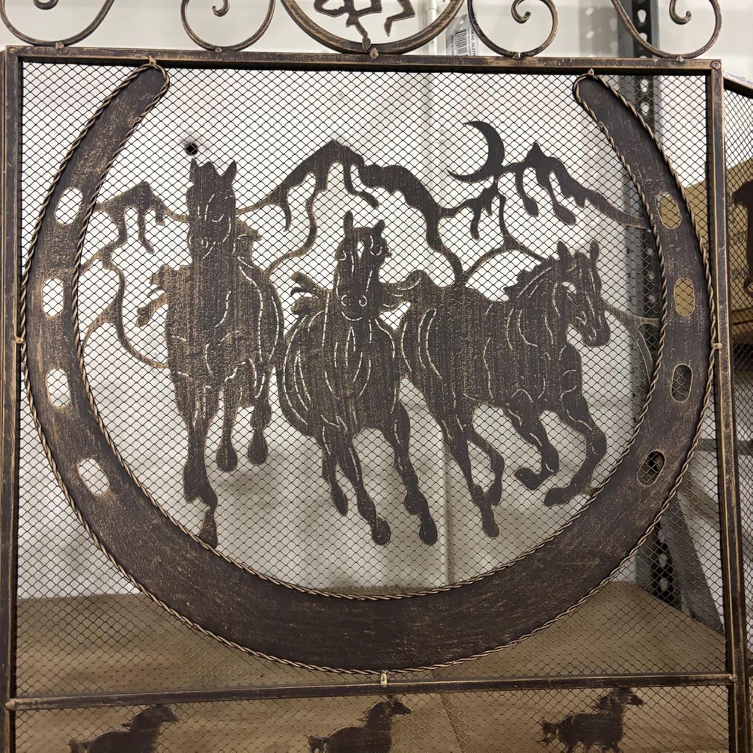 Running Horse Fireplace Screen metal mesh art western home decor Ranch Farmhouse Country Home rustic bronze copper finish universal handmade custom decor size 40" X 33.5" by E G I F T H O M E #EH80005