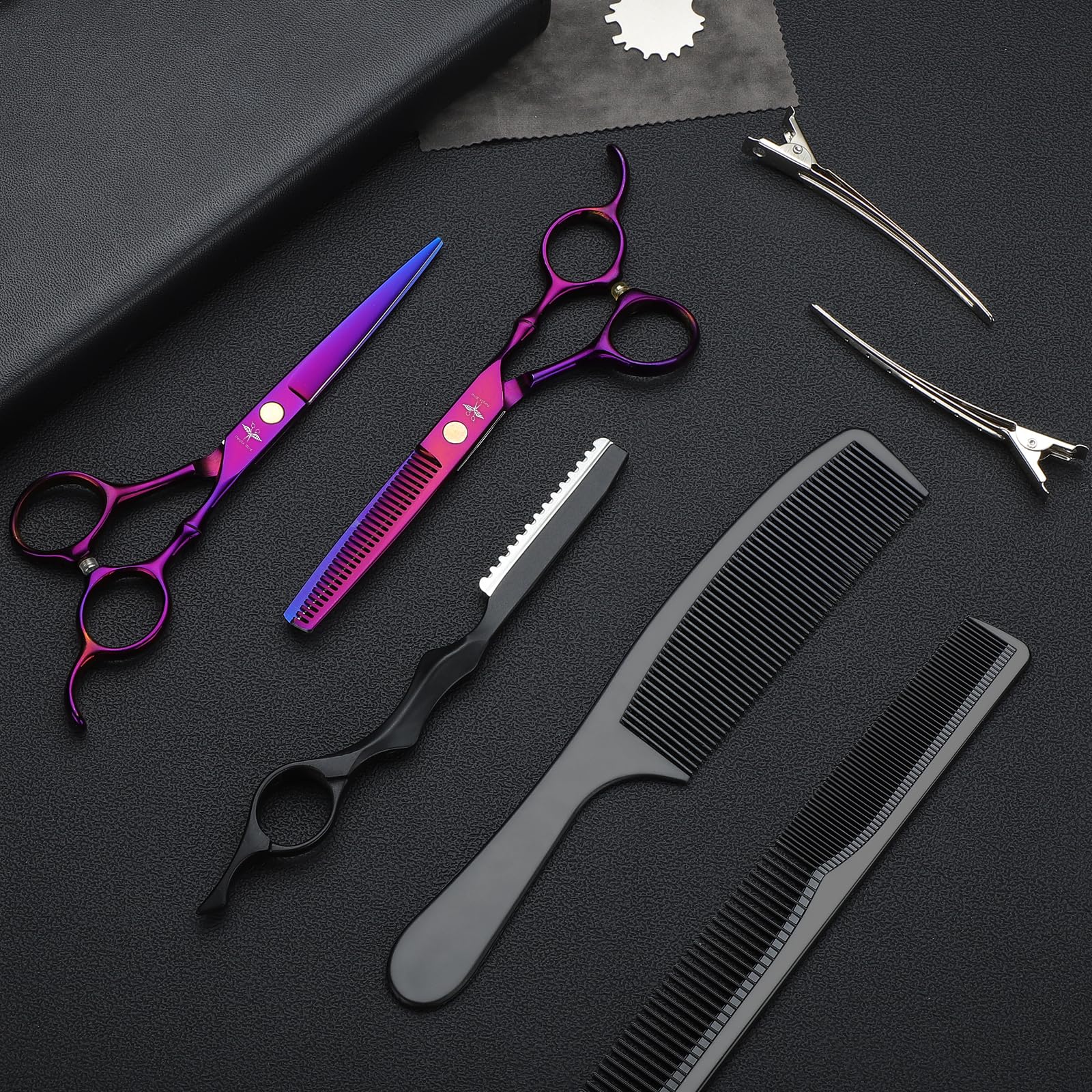 PURPLEBIRD Lot de 10 ciseaux de coupe de cheveux professionnels avec ciseaux à cheveux en acier inoxydable, ciseaux amincissants pour hommes, femmes, animaux de compagnie, couleur