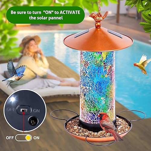 Miniatura 5 de XDW-GIFTS Comedero solar de mosaico, forma de linterna impermeable con gancho y 4 luces LED, decoración de jardín para césped, patio, balcón, adorno