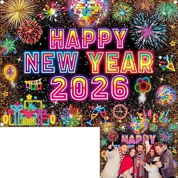 2026 Happy New Year Neon Backdrop 2026 New Years Eve Photography Background NYE Colorful Firework Year's Eve Party Decorations Banner Booth Props 7x5FT2.1m x 1.5m