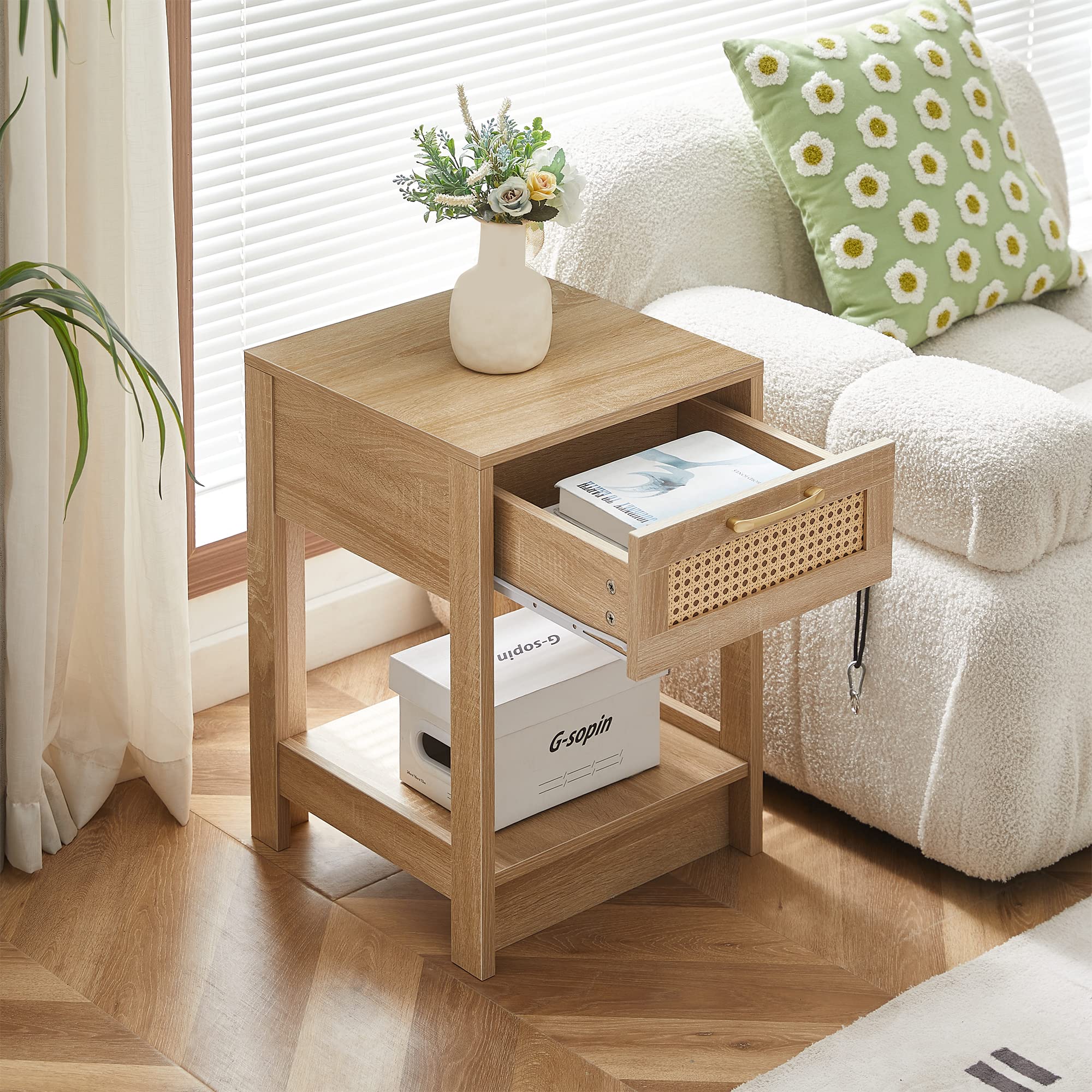 Table de Chevet en Rotin avec Tiroir et Pieds en Bois - Table de Nuit Moderne