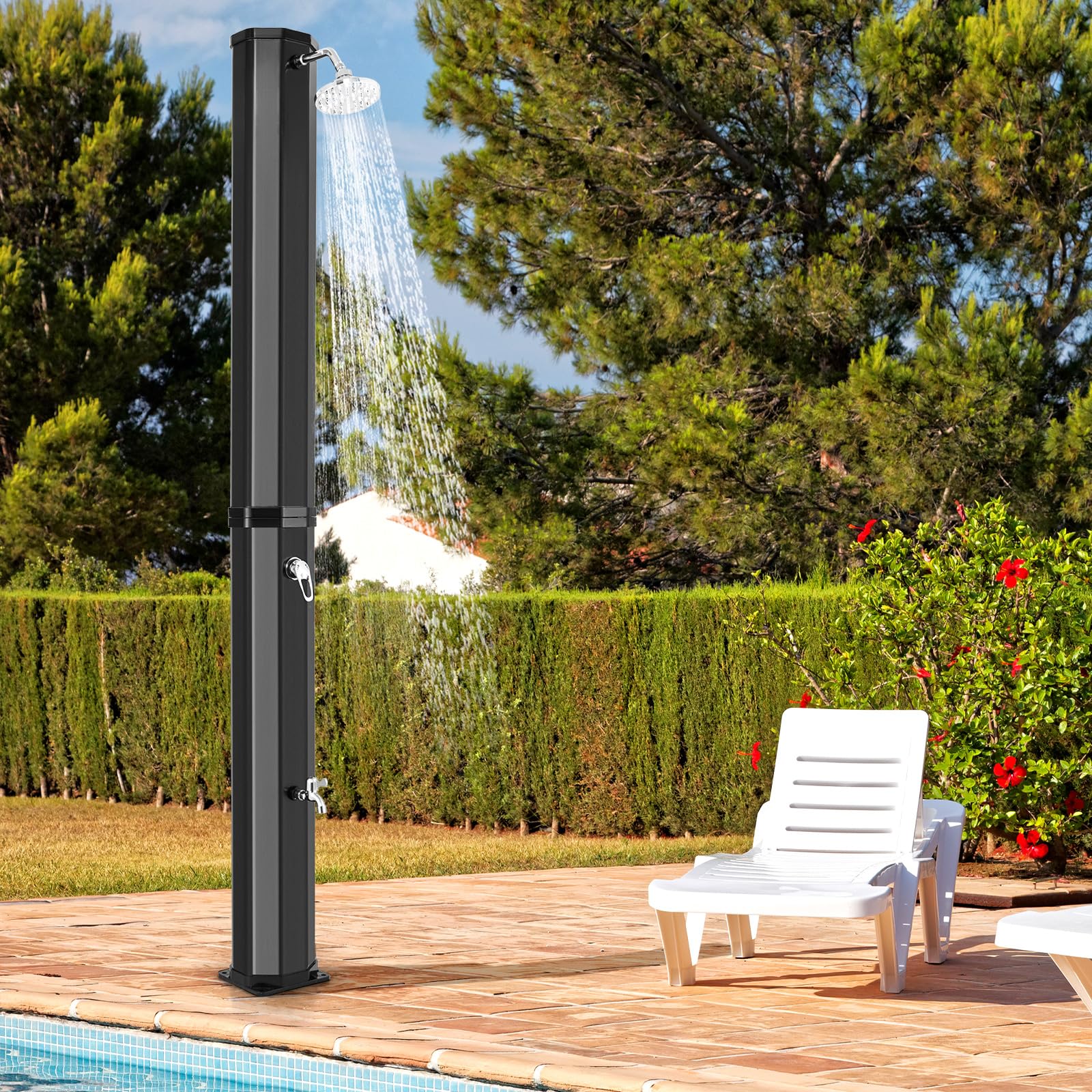RELAX4LIFE Doccia Solare da Esterno 60 L,277 CM con Testa Doccia, Rubinetto per Piedi, Copertura Protettiva, per Giardino, Piscina, Spiaggia (Nero)