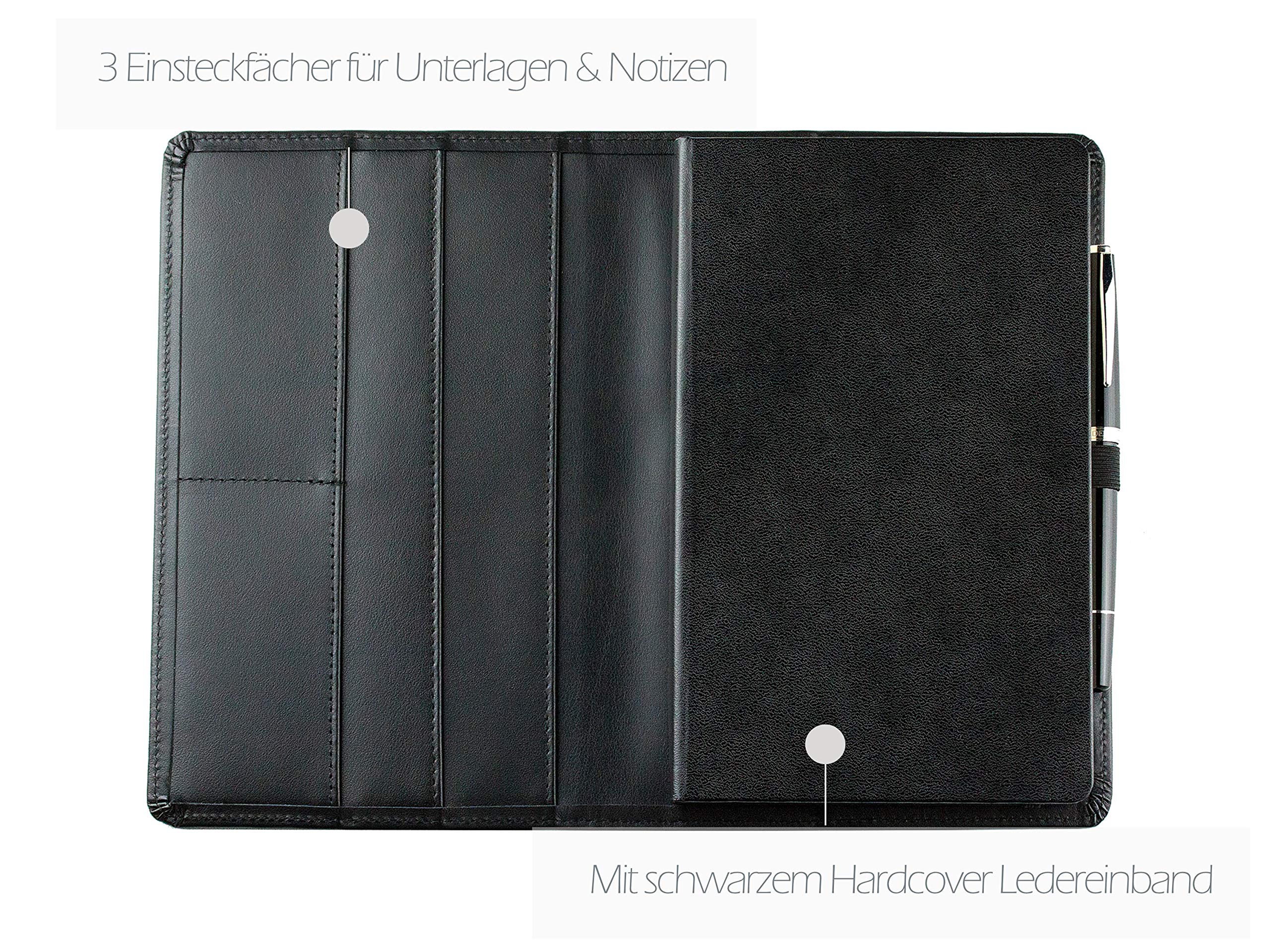 DELMON VARONE - Personalisierbares Notizbuch Etui DIN A5 aus Boxcalf Premium Leder schwarz, Blanko Buch punktiert im Hardcover Ledereinband mit Stiftschlaufe, Einschubfächer und Merkband