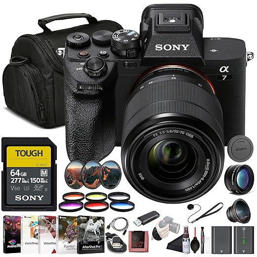 Sony α7 IV Mirrorless Camera Kit (ILCE-7M4K/B) with 28–70mm OSS Lens | 33 MP Full-Frame Sensor | 4K/60p Video | 64GB Card, Filter Kit, Wide Angle Lens, Telephoto Lens, Color Filter Kit and More