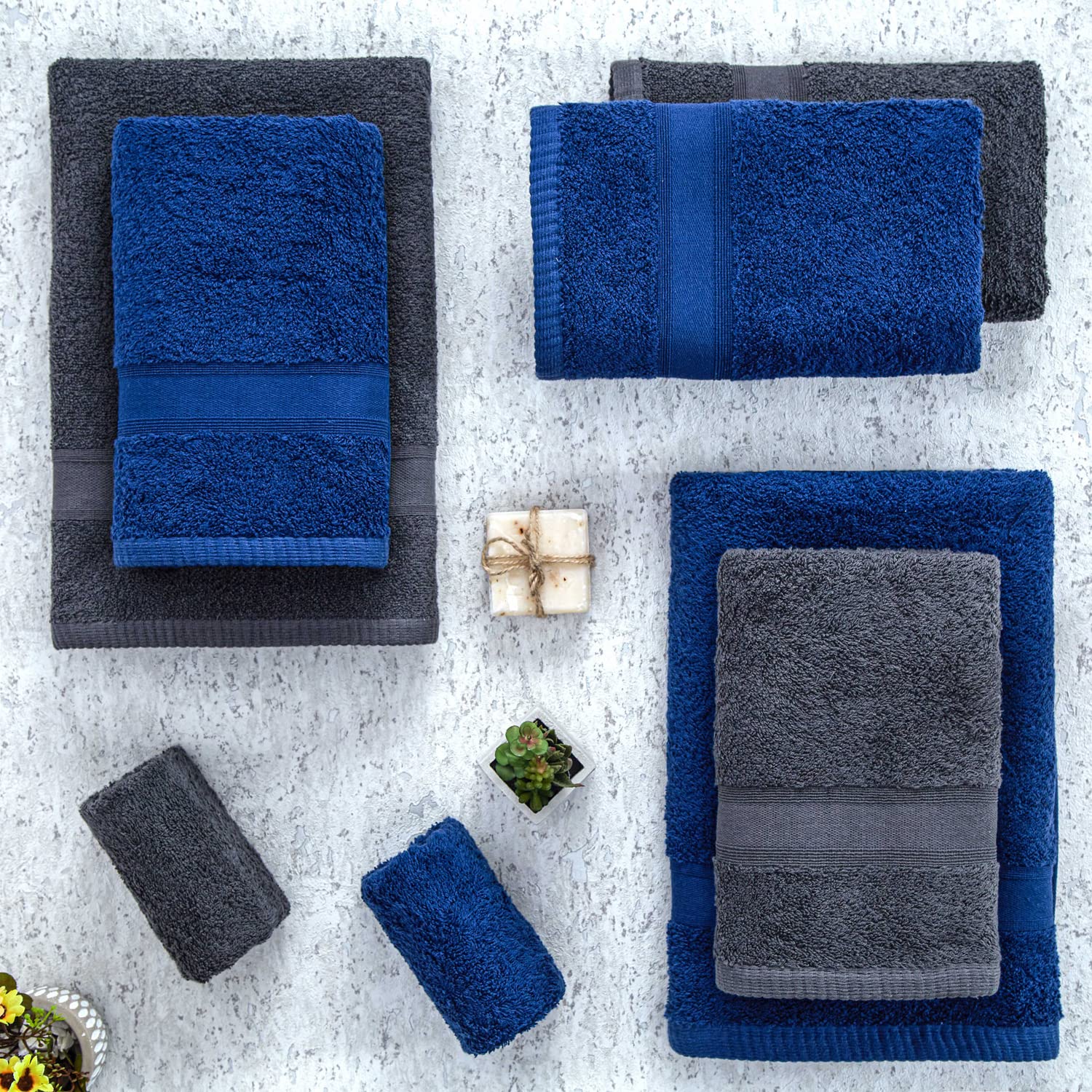 Tuiste Set Asciugamani Bagno Grigio Scuro - Blu Navy, Hotel, Cotone, 2 Telo Doccia 70x140cm + 4 Asciugamani 50x90cm + 2 Asciugamani Ospiti 30x50cm, Asciugamani Bagno Viso e Bidet, Morbidi, Assorbenti
