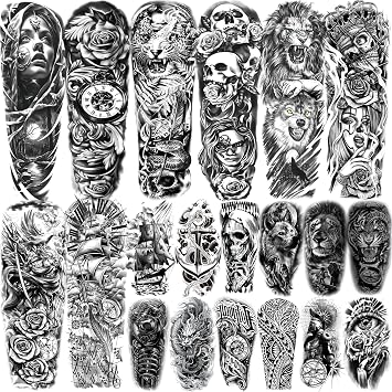 20 Sheets Lion Wolf Full Arm Temporary Tattoos For Women Men Thigh, Chicano Animals Sleeve Tattoos For Adults, Temp Halloween Waterproof Long Lasting Fake Tattoo Stickers Zeus God Skull Ship Flowers