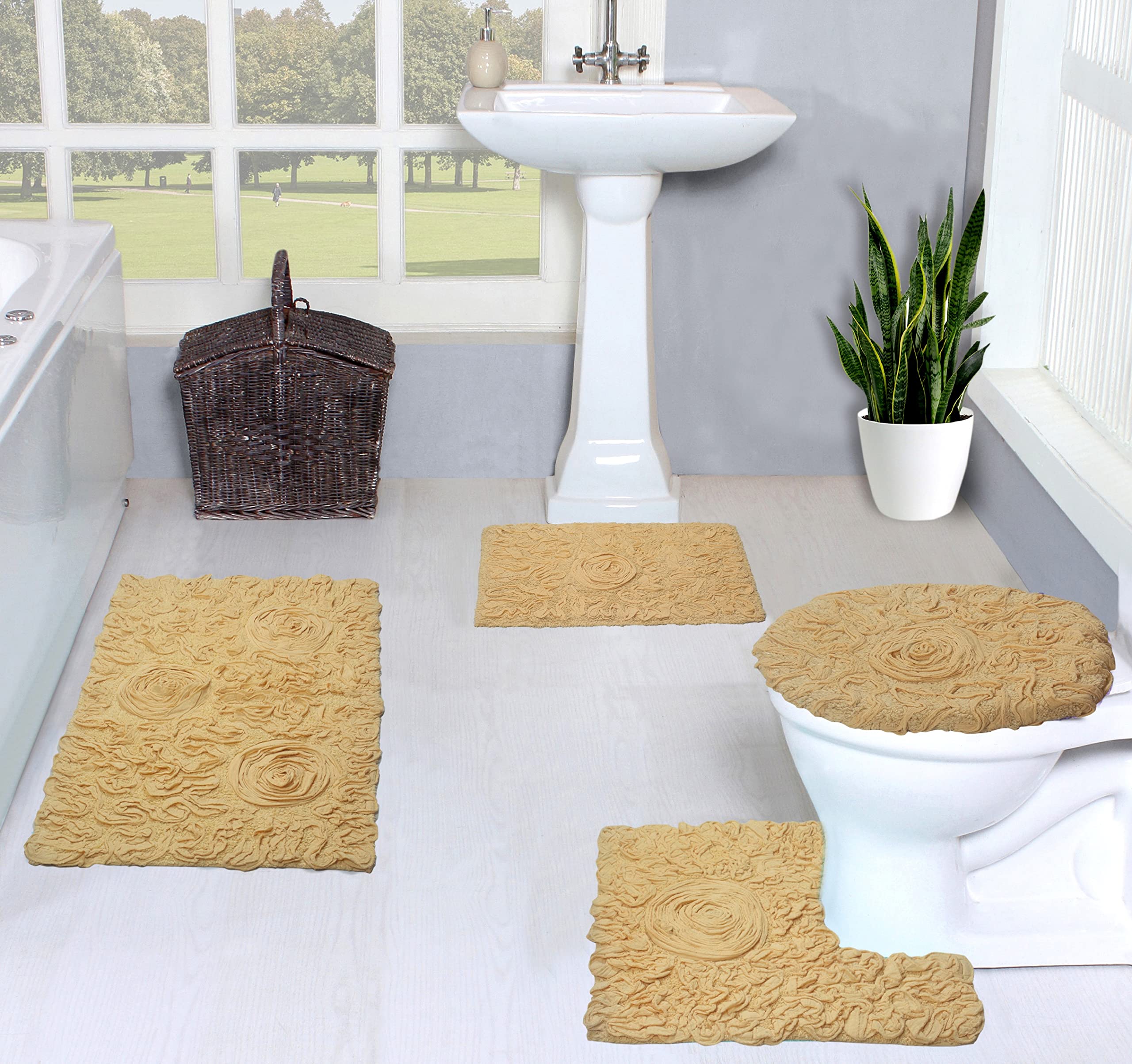 Home Weavers Bell Flower Collection - Alfombras de baño 100% algodón, extra suaves y absorbentes, antideslizantes, lavables a máquina, juego de 4 piezas con tapa de inodoro, color amarillo