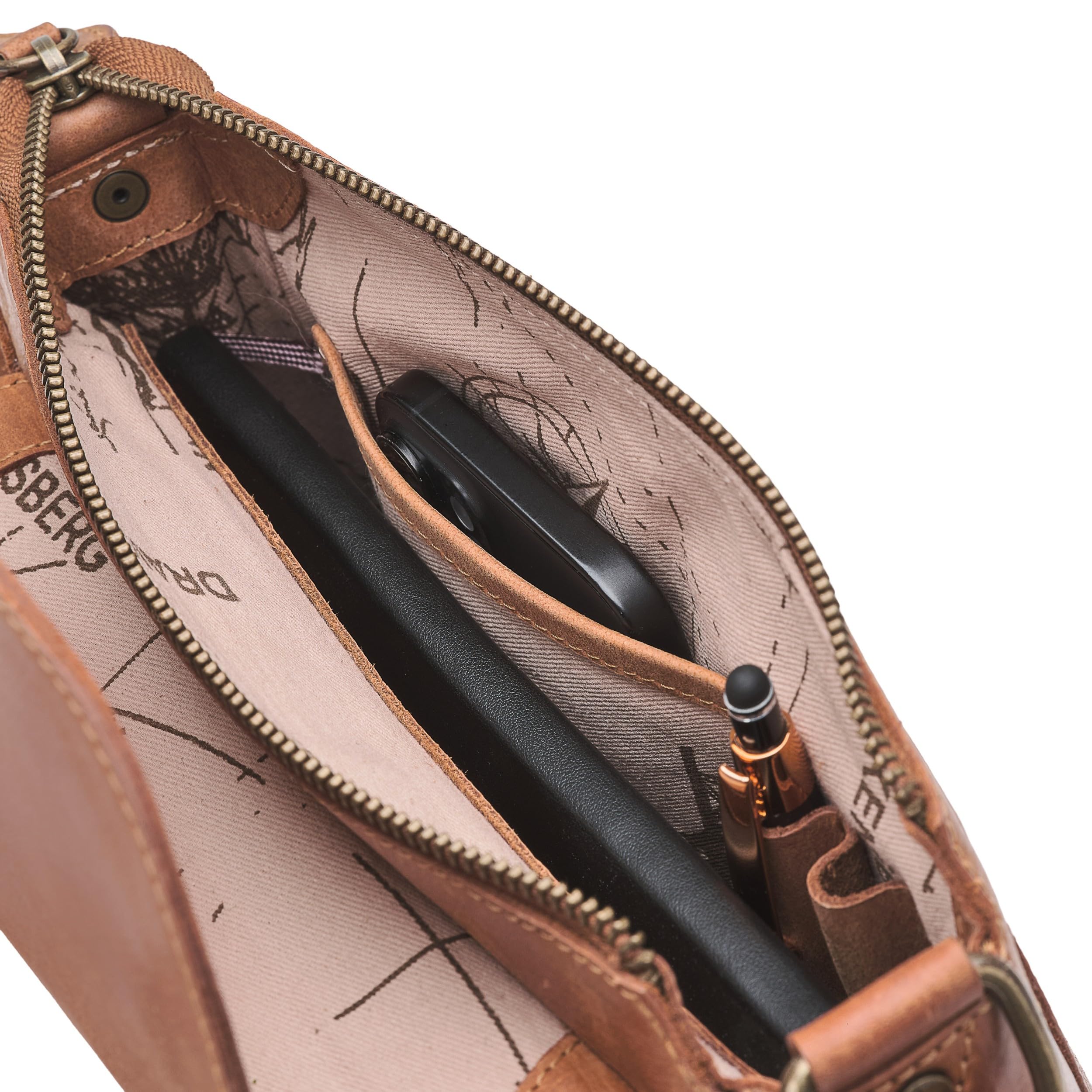 DRAKENSBERG Damen Umhängetasche 'Solana' Schultertasche, viele Fächer, Büffel-Leder, 3L | Cognac-Braun, DR00472