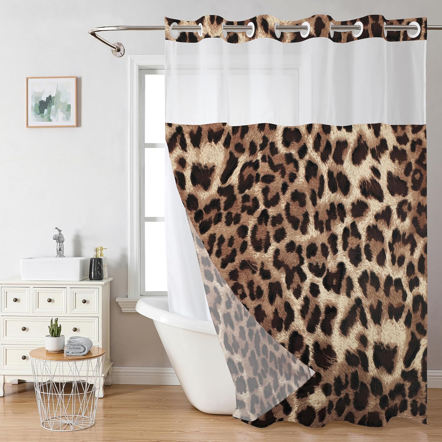 Leopard Shower Curtain No Hook with Snap in Liner, Cheetah Print Hotel Shower Curtains Decorative for Women Bathroom, Vivid Wild Animal Bath Home Decor, Washable Fabric,71 x 74