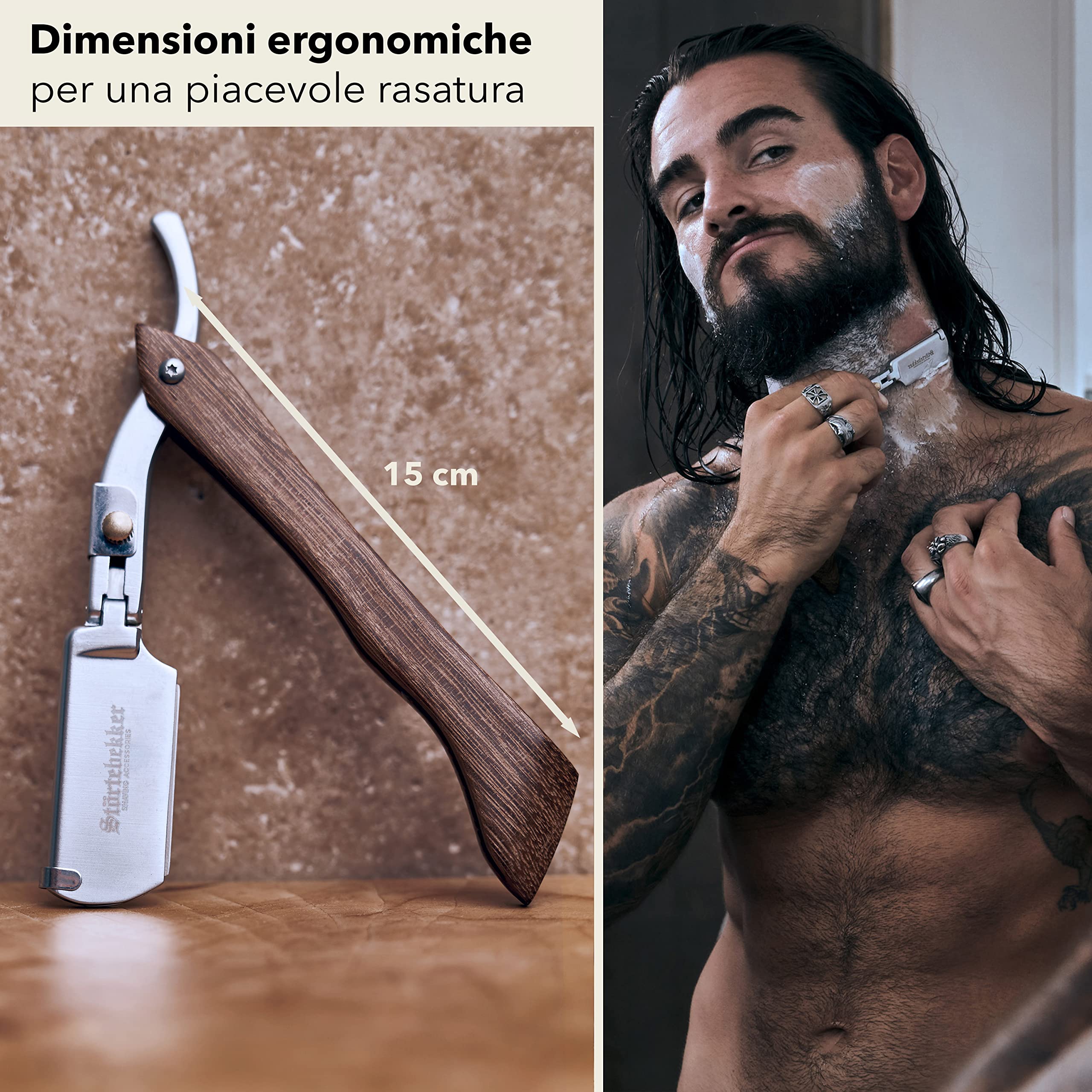 Störtebekker Rasoio con manico in legno, in custodia in pelle fatta a mano, con pennello & 10 lame - Set di coltelli da barba - rasoi a umido di qualità premium - rasoio a mano libera (Legno - Nero)