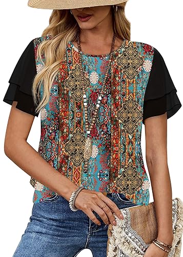 WIHOLL Womens Summer Tops Trendy Ruffle Short Sleeve Shirts Casual Chiffon Blouses Beach Vacation Clothes