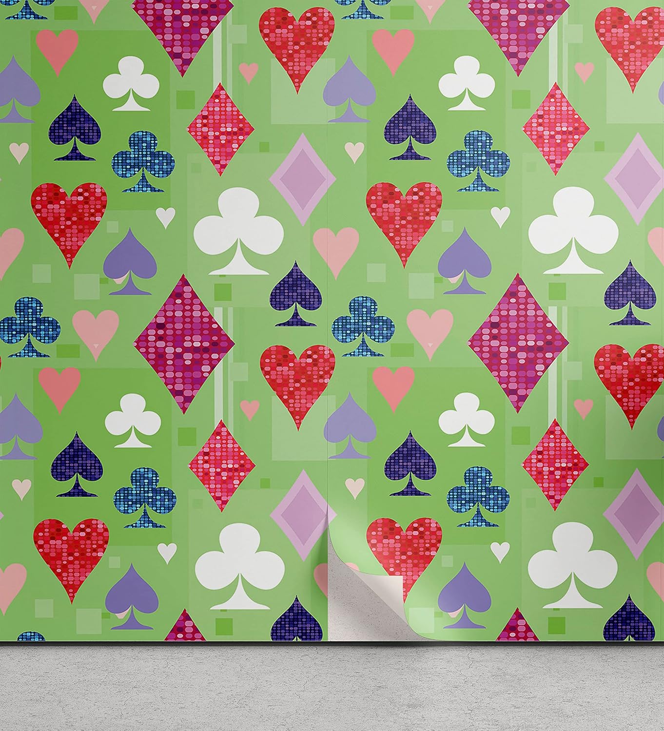 Lunarable Casino Peel & Stick Wallpaper for Home, Vibrant Colored Differents of Playing Cards Poker Gamble Club Casino, Self-Adhesive Living Room Kitchen Accent, 13 x 36, Green Pink Purple