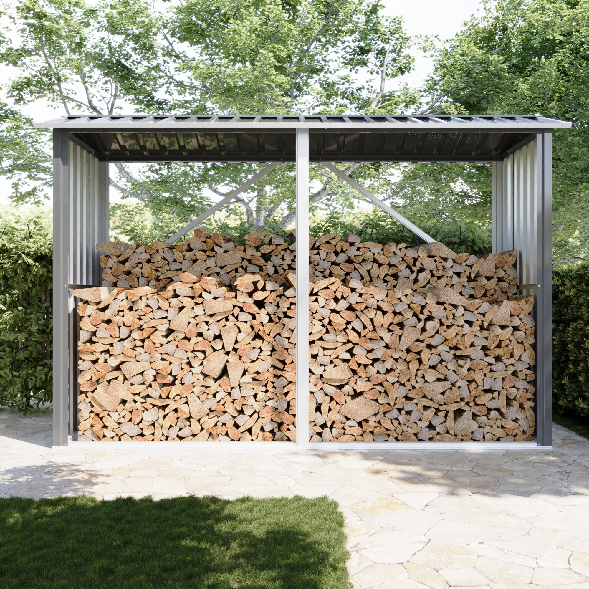 Legnaia da Esterno in Acciaio Zincato Nero 238x87x160 cm - Portalegna da Giardino con Tetto Spiovente e Struttura Rinforzata - Capanno per Legna da Ardere Resistente a Ruggine e Intemperie