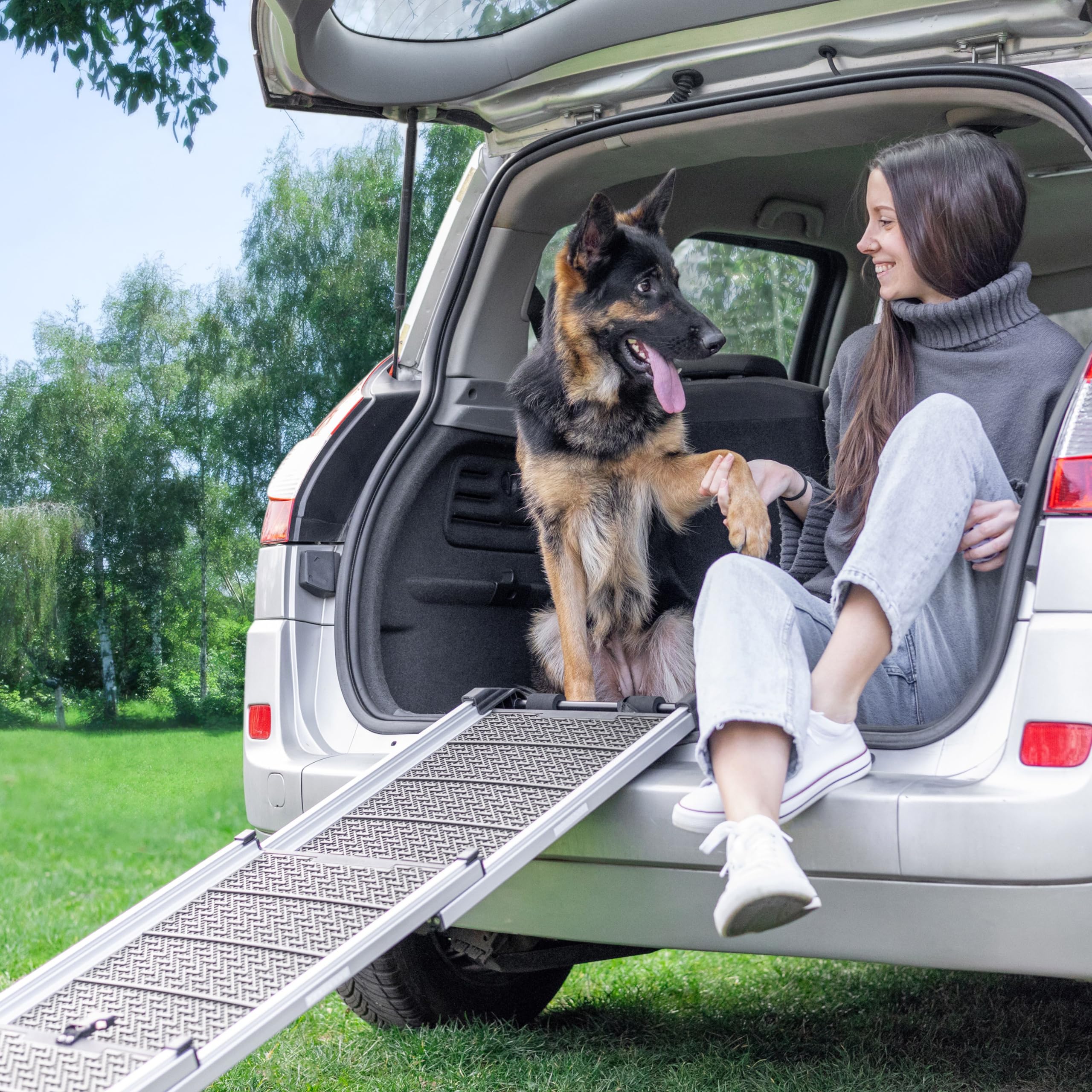 Rampe pour Chien Voiture, SUV - Rampe télescopique Extensible pour Grands Chiens - Stable - Antidérapante - Bordures réfléchissantes pour la sécurité de Nuit - Capacité 90kg - Clip de Fixation Gris