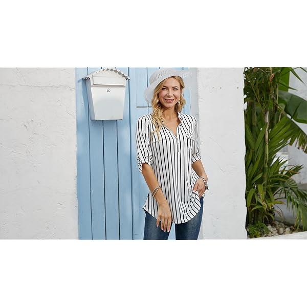 Ninedaily-Womens-34-Sleeve-Plaid-Shirts-Zip-Floral-Casual-Tunic-Blouse-Tops Ninedaily Business Casual Tops Women, Work Blouses Summer Shirts Trendy 2023 Spring Office Uniform Going Out Tops Petite Tops and Blouse Linen Fashion Blouse Stripe Tunics for Women XL Black White