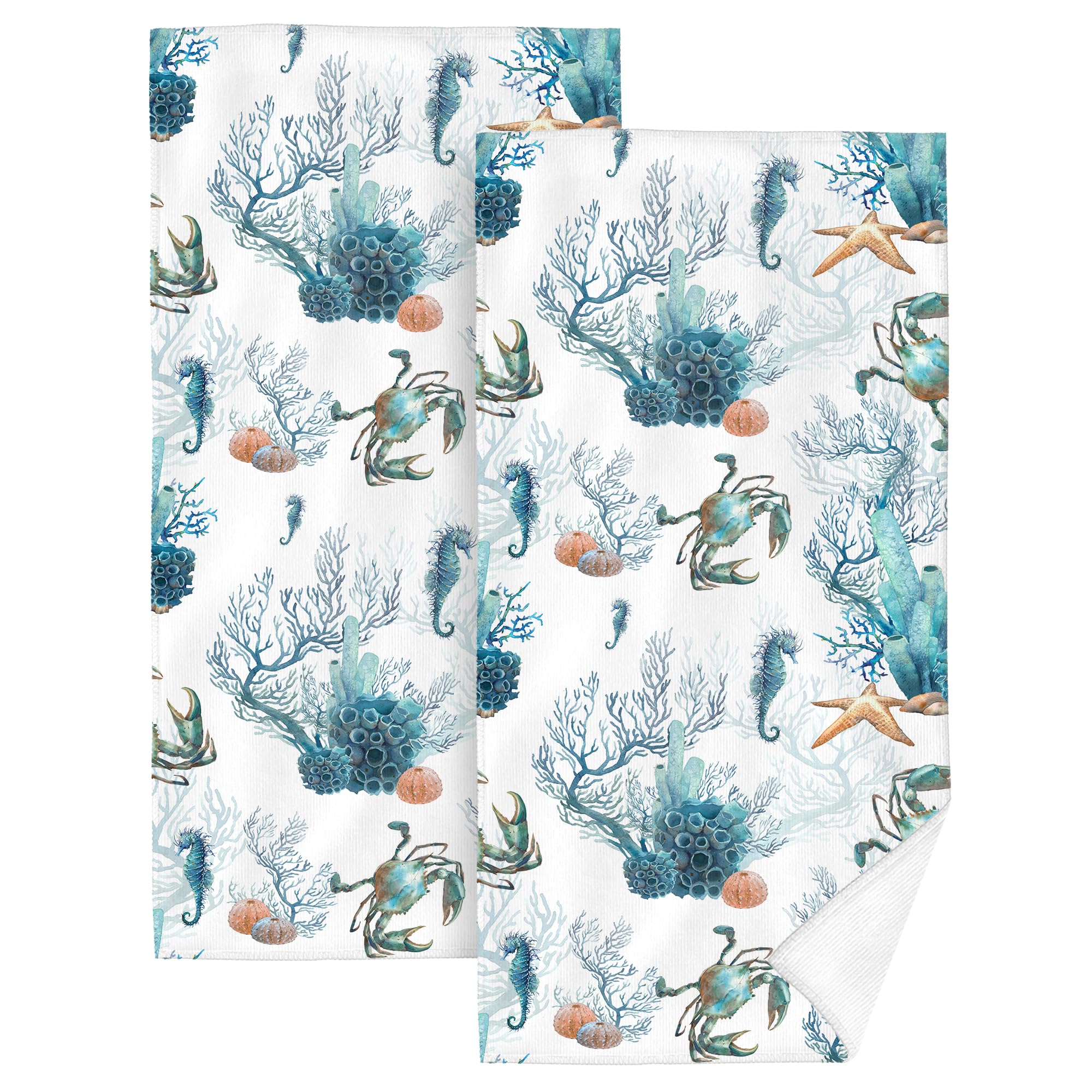 HIKENVIU Cute Ocean Beach Bath Hand Towels Decorative Set of 2, Soft Absorbent Nautical Crabs Seahorse Hand Towel for Bathroom,Teal Bathroom Hand