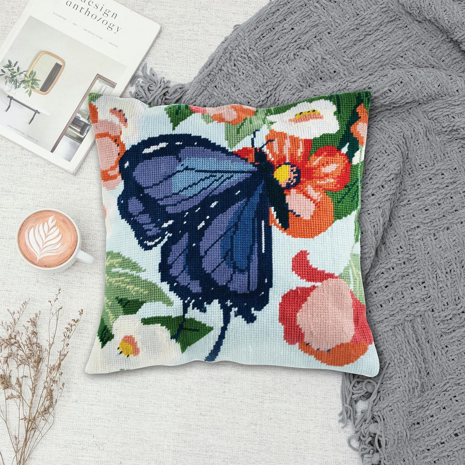 Trimits Half Stitch Cross Stitch Cushion Kit, Cushion Back Included, Pre Printed Canvas, Yarn and Needle Included 40 x 40cm (15.75 x 15.75in), Butterfly