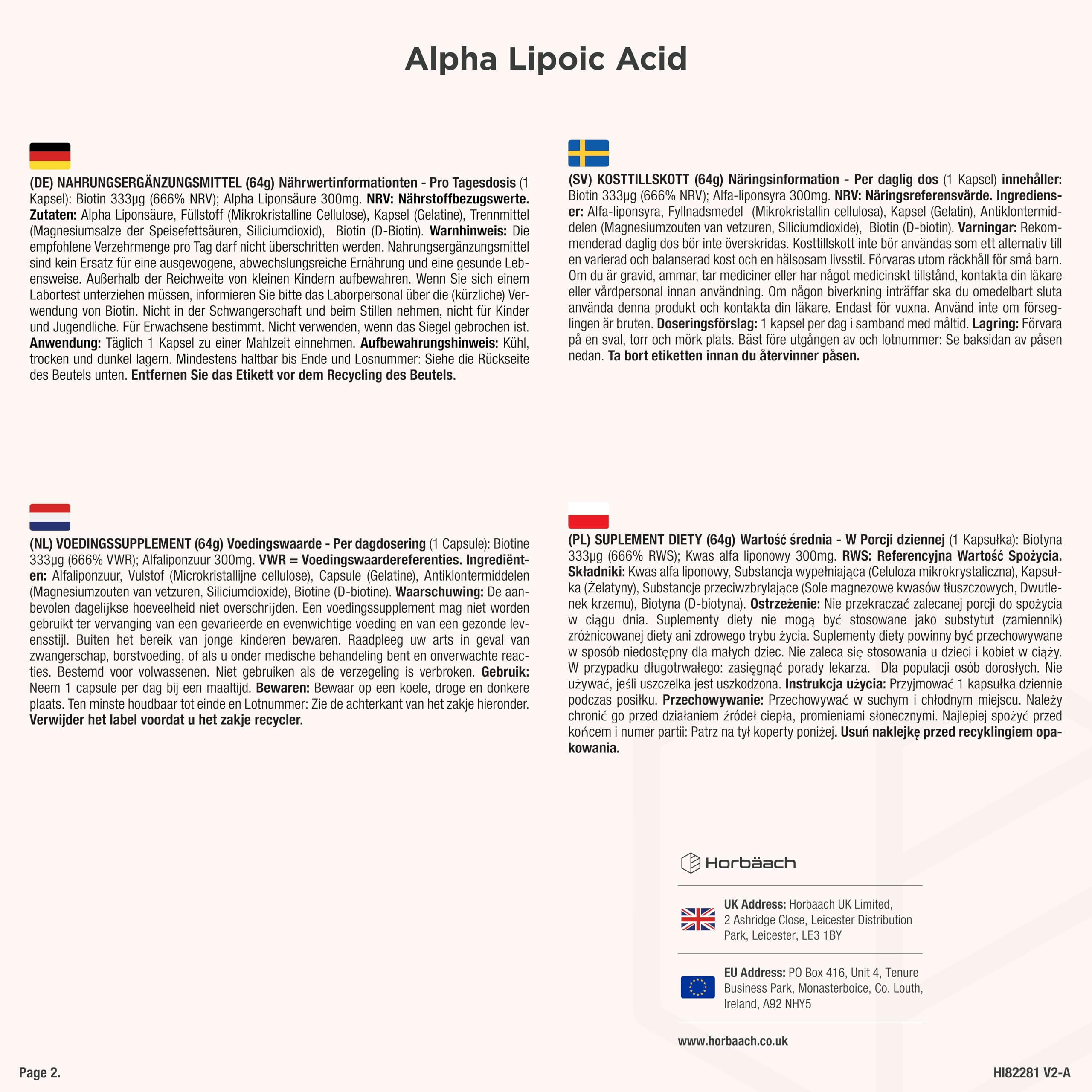 Acido Alfa Lipoico con 300ug Biotina per Capelli | 4 Mesi di Fornitura - 120 Capsule | Alto Dosaggio | Integratore Alimentare | Alpha Lipoic Acid | Horbaach