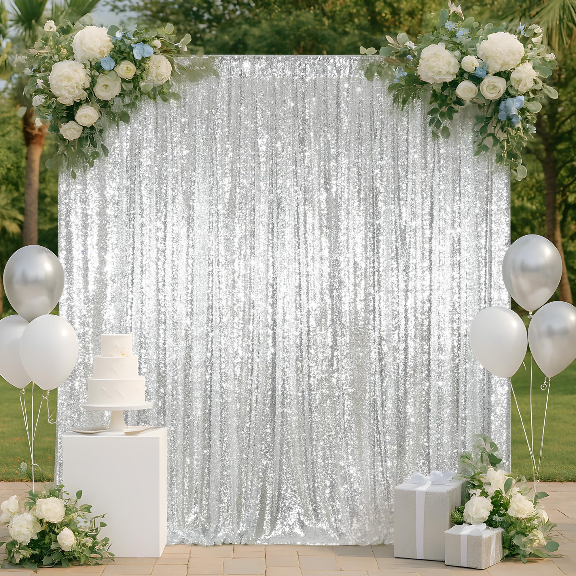 Eternal Beauty Toile de fond à paillettes argentées 213x213 cm pour fête, mariage, selfie, décoration de fond pour cabine photo, toile de fond pour séance photo de bébé, panneaux à paillettes