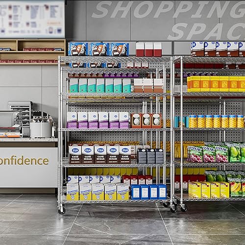 Miniatura 18 de Estantería de alambre de metal NSF de 5 niveles con capacidad de 7500 libras, estante de almacenamiento ajustable resistente con ruedas y Negro