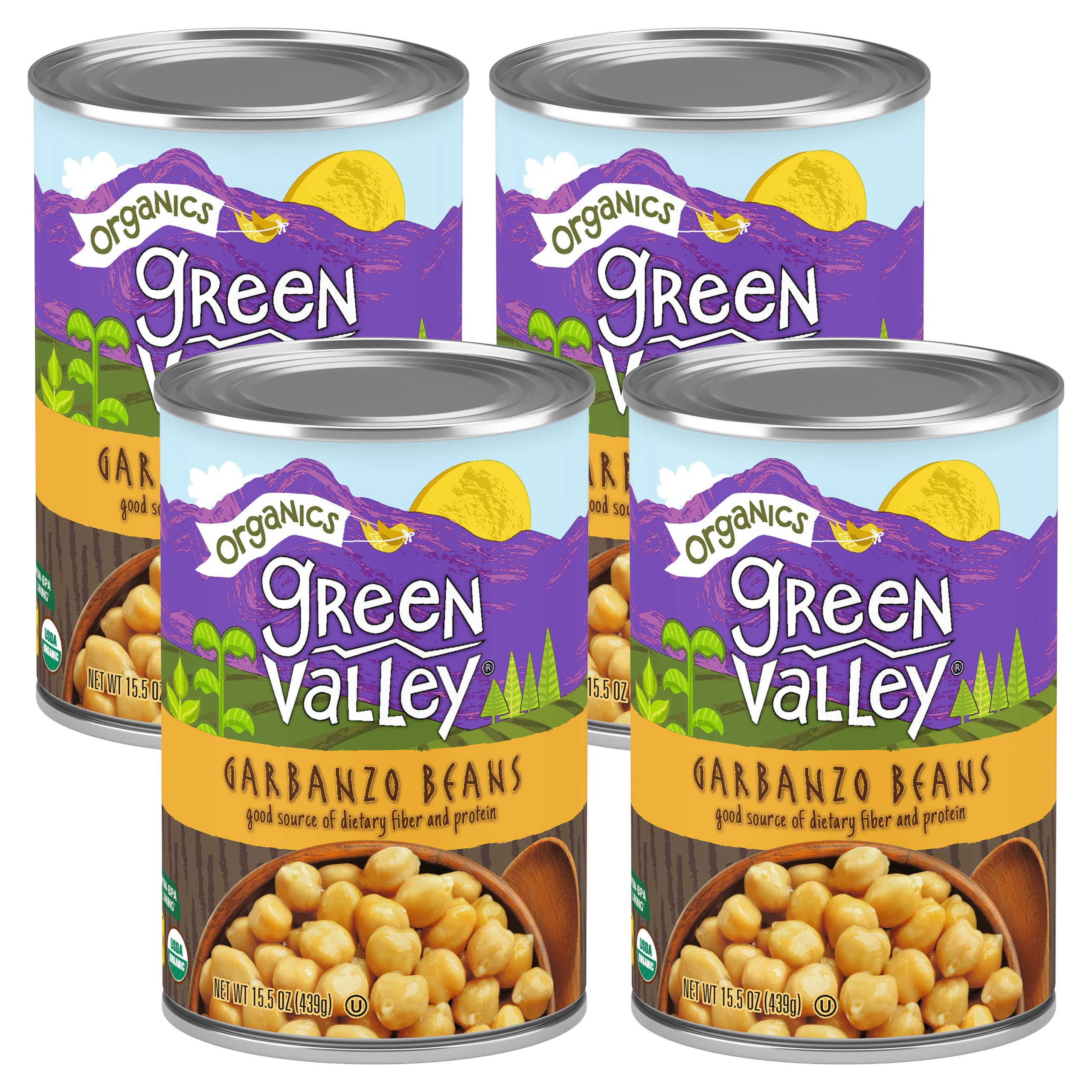 Green Valley Organics Garbanzo Beans | Certified Organic | Delicious Mildy Nutty & Savory Flavor | Creamy Color | Good Source of Dietary Fiber & Protein | 15.5 oz can (Pack of 4)