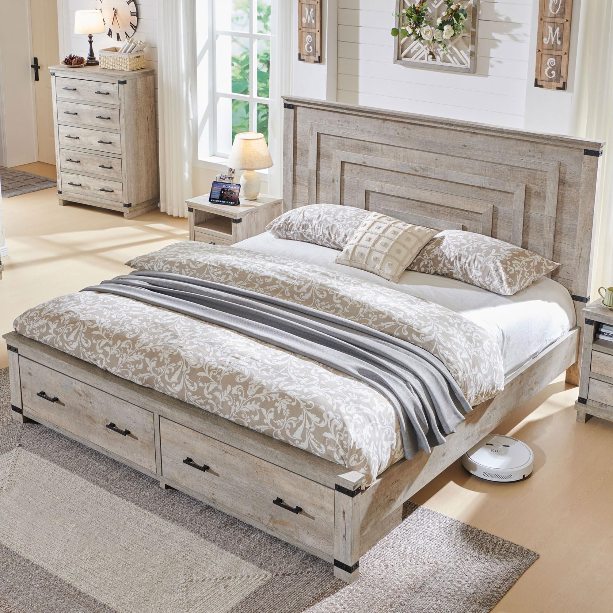 T4TREAMFarmhouse King Size Bed Frame with 54" Tall Geometric Headboard & 2 Large Storage Drawers, Rustic Wood Platform Bed with Wood Slats Support, No Box Spring Needed, Light Rustic Oak