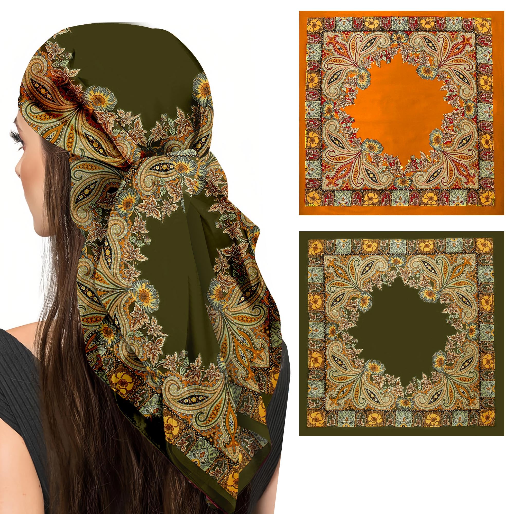 Reignsword Women's Green, Yellow 35” Large Square Head Scarf For 2 Pcs Like Silk Hair Fashion Scarves, Silk Bandana Scarf For Hair Wrapping, Medium (Green, Yellow)