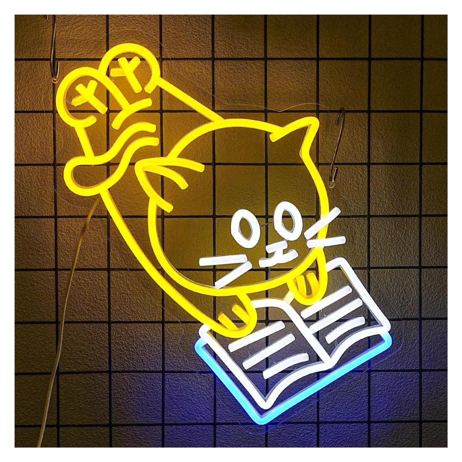 Luces de neón Luces De Neón Con Diseño De Gato Leyendo Un Libro Para Decorar El Dormitorio De Los Niños, El Aula O La Biblioteca, 39 X 31 Cm.