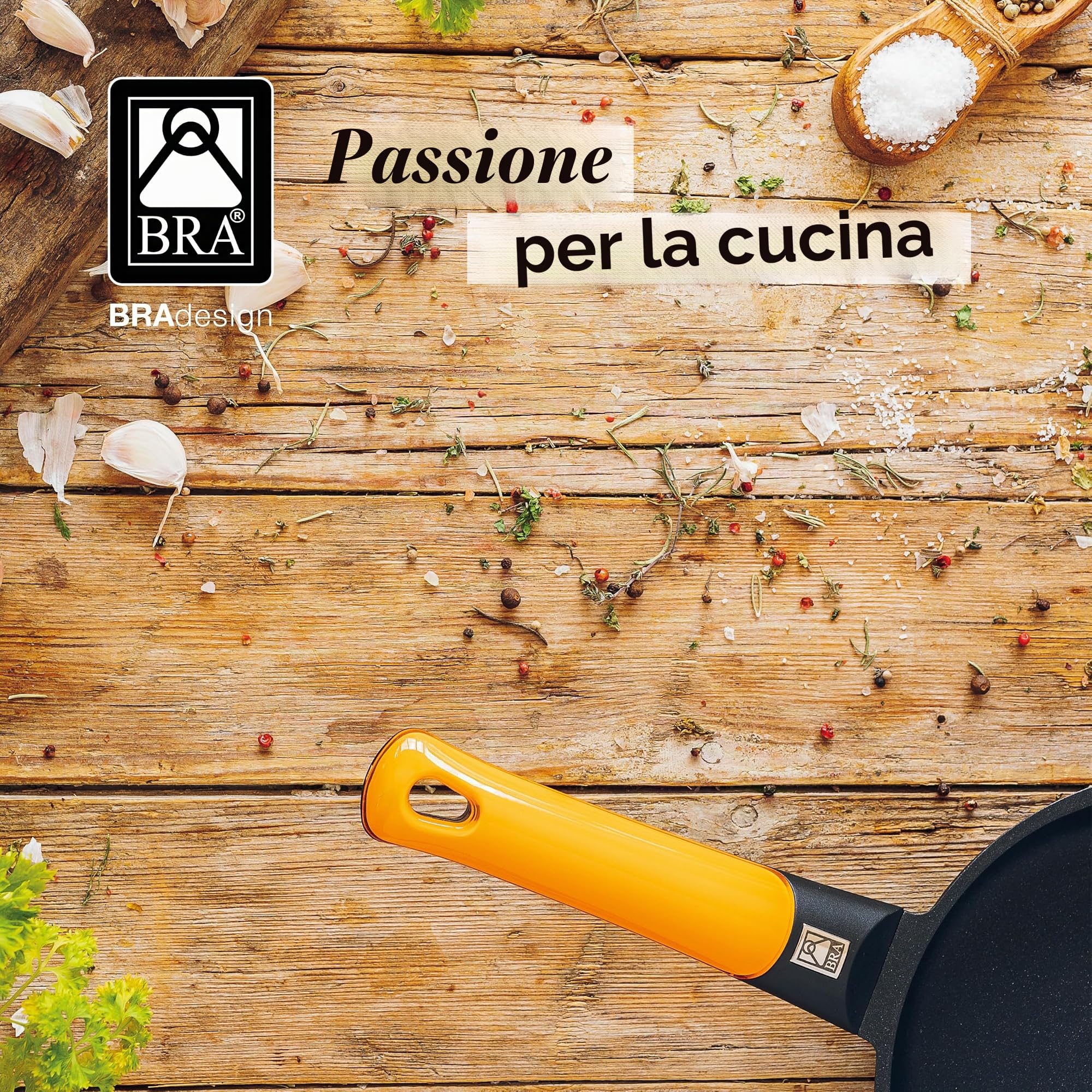 BRA Efficient Orange | Padella fonda 28 cm, alluminio fuso | Antiaderente Platinum Plus, Senza PFOA, Adatta a tutti i tipi di piani cottura, induzione inclusa