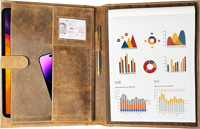 Leather A4 Conference Folder | Professional Organizer for Men & Women | Handmade Durable Leather Portfolio with Sleeves for Documents and Notepad by Rustic Town (Brown)