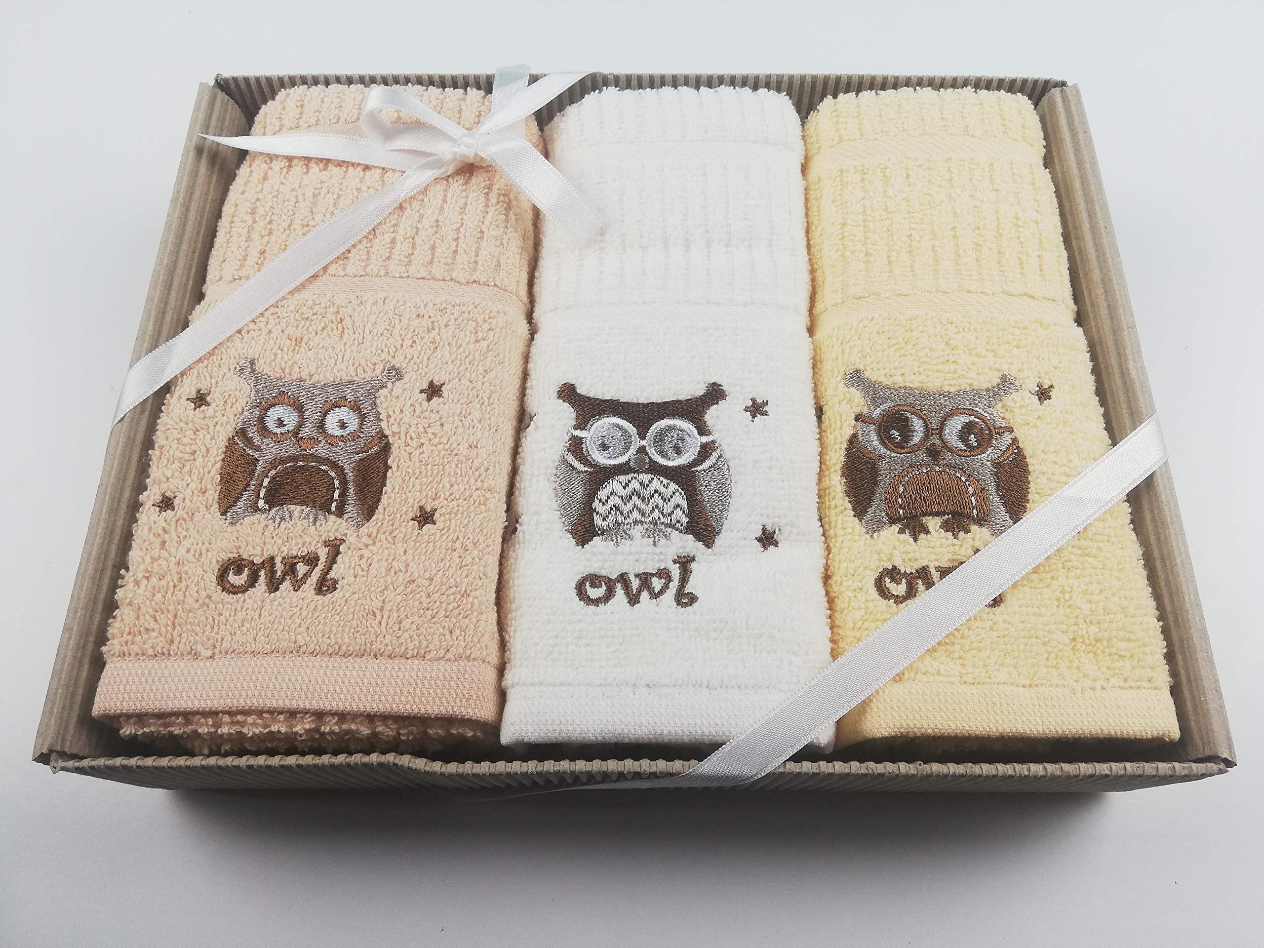 Sue Rossi Ltd 100% Turkish Cotton Tea Towels Embroidered Animal Cooks Cloth 3 Pack Kitchen Towel Gift Box Set Set (Owls)