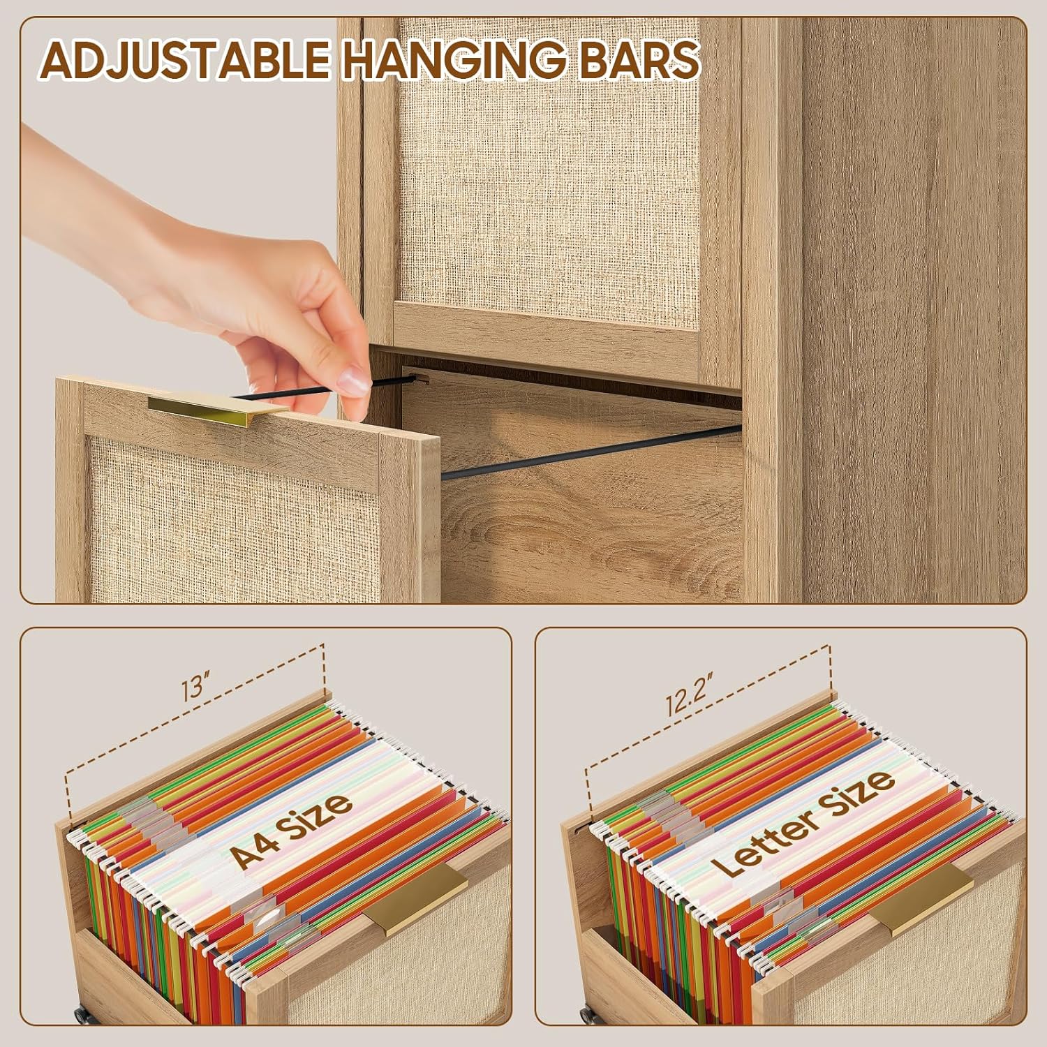Halitaa 2-Drawer Rattan Small File Cabinet, Farmhouse Vertical Filing Cabinet Fits A4/Letter Size, Under Desk File Cabinets with Storage for Home Office, Wooden Printer Stand, Natural Oak