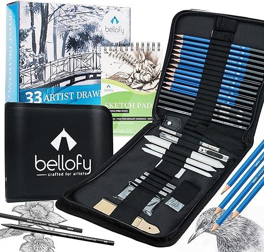 Bellofy Drawing Kit Artists Supplies for Adults, Teens, Kids | Artists Drawing Sets | Graphite Art Pencils for Drawing and Shading | Sketchbook Drawing Supplies | 33 Piece Professional Sketch Set Pad