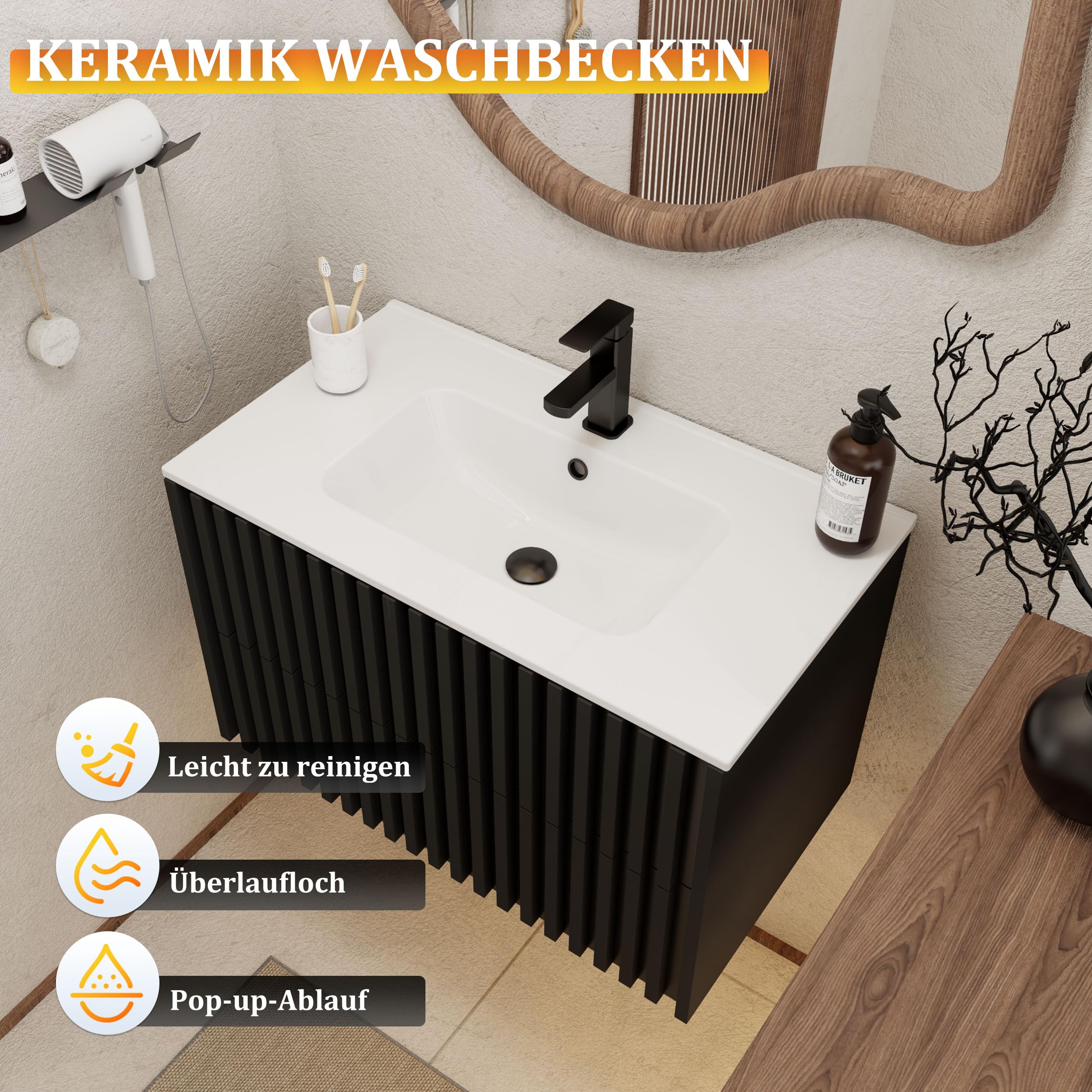 UEV Waschtisch mit Unterschrank, Waschbeckenunterschrank 80cm hängend, Waschplatz, Keramik Waschbecken, Badezimmmer Möbel für Gäste WC, Badmöbel Set, Schwarz