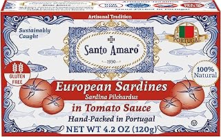 Santo Amaro - Authentic European Sardines in Tomato Sauce from Puree, Hand-packed Canned Sardines in Tomato Sauce from Portugal, Wild Caught Portuguese Sardines, 23g Protein, Paleo, Dash, Pack of 3