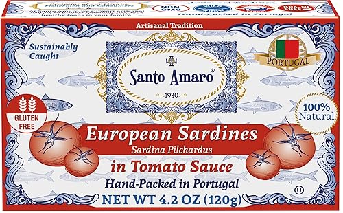 Santo Amaro - Auténticas sardinas europeas en salsa de tomate de puré, sardinas enlatadas a mano en salsa de tomate de Portugal, sardinas