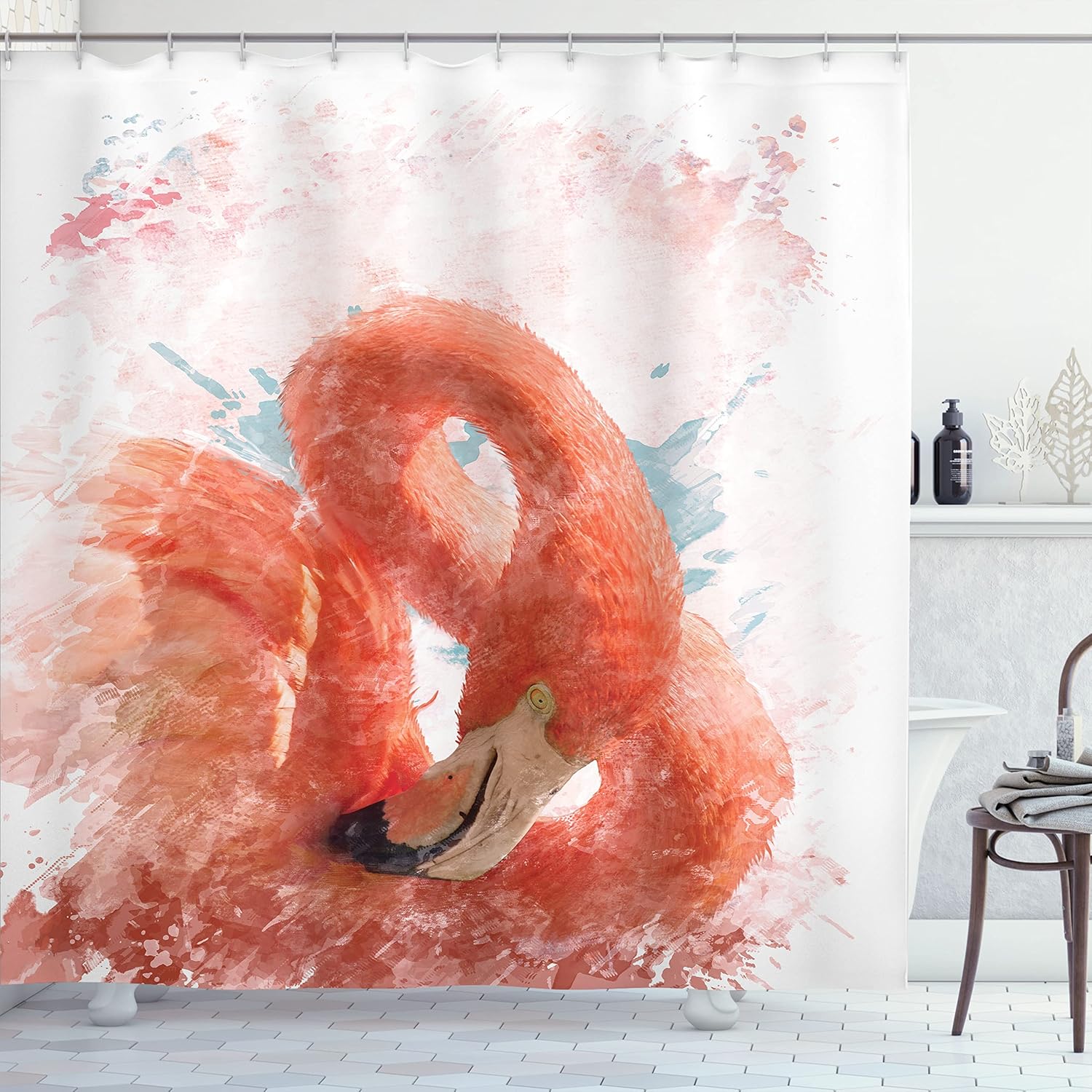 Ambesonne Flamingo Shower Curtain, Flamingo Bird with Feather Nature Art Work Watercolor Paint Effect Print, Cloth Fabric Bathroom Decor Set with Hooks, 69" W x 75" L, Orange White