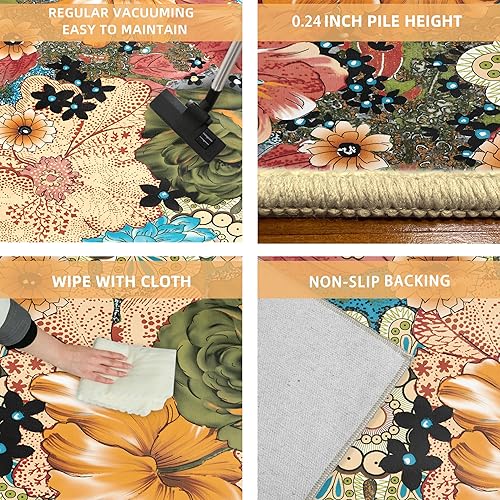 Miniatura 4 de keensoft Alfombra de área floral colorida de 2 x 3 pies, tapete retro de flores bohemias, antideslizantes, lavables a máquina, alfombras pequeñas,