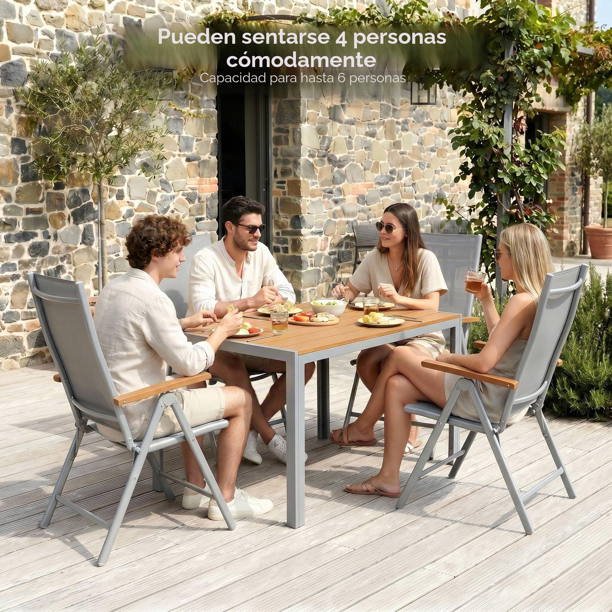 LIFERUN Mesa de Jardín 110x70 cm, Mesa de Terraza de WPC para 4-6 Personas, Mesa de Balcón Resistente a la Intemperie con Estructura de Aluminio, Diseño Aspecto Madera,Marrón Teca+Gris Claro