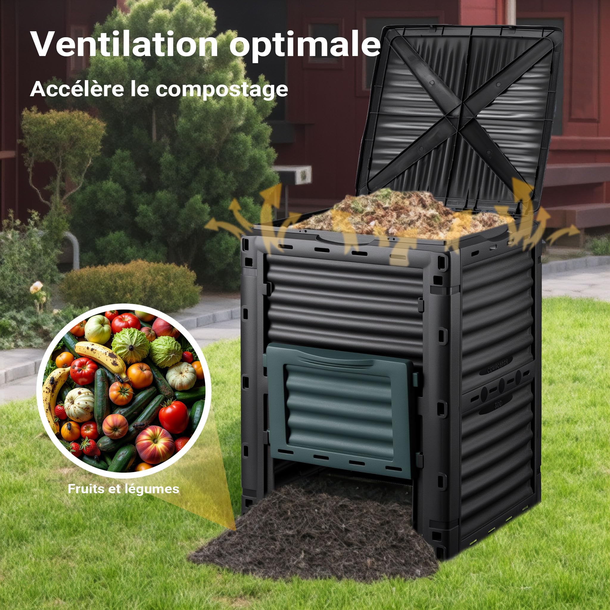 Wiltec Composteur de Jardin 300 l – 61 x 61 x 82 cm – en Plastique Robuste – Bac à Compost – Compostage Rapide Jardin privé – Horticulture Jardinage
